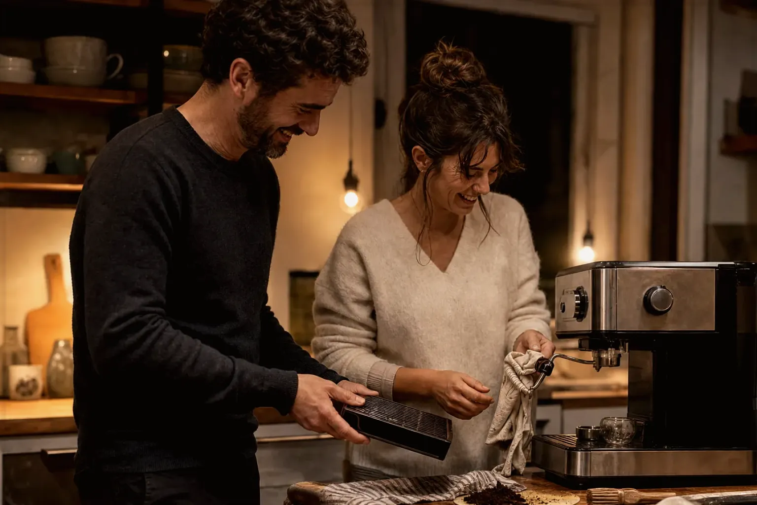 Ein Paar reinigt am Abend gemeinsam und gut gelaunt seine Espressomaschine in der Küche – gezeigt für De’Longhi im Markenprofil.