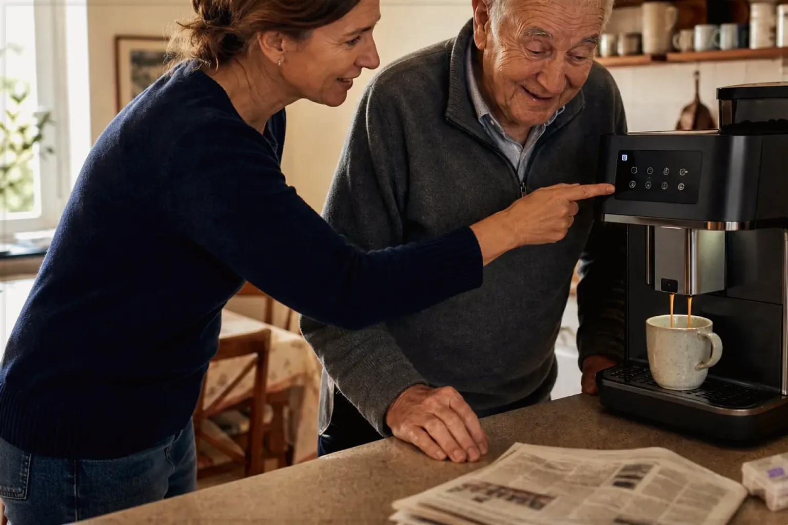 Eine erwachsene Tochter erklärt ihrem Vater verständlich die Bedienung eines Kaffeevollautomaten.