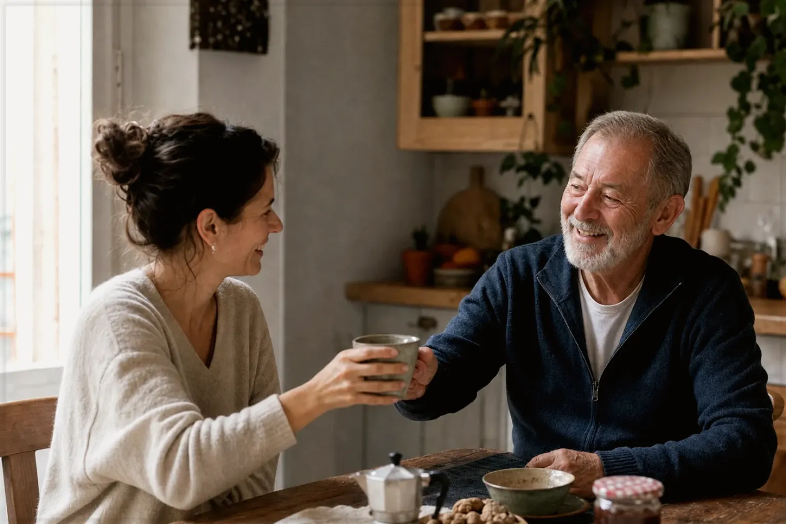 Eine erwachsene Tochter und ihr älterer Vater lachen gemeinsam beim Kaffee in ihrer bewohnten Küche – gezeigt für Eureka im Markenprofil.
