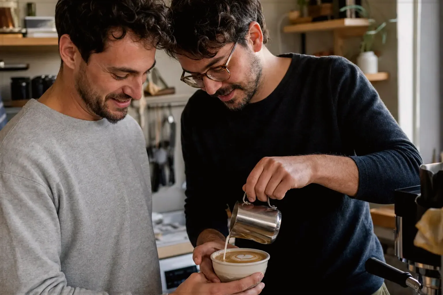 Zwei erwachsene Freunde freuen sich in einer kleinen Küche über ihre gemeinsam gegossene Latte Art – gezeigt für Eureka im Markenprofil.