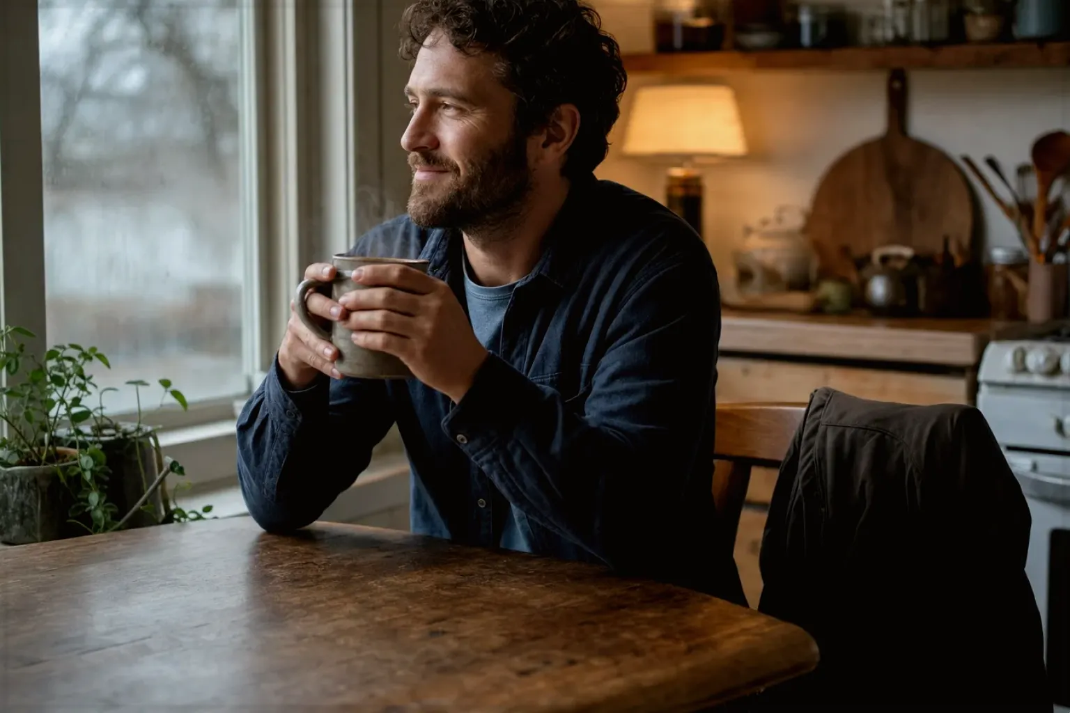 Ein Mann hält nach seinem Arbeitstag eine warme Kaffeetasse und blickt entspannt aus dem Küchenfenster – gezeigt für Eureka im Markenprofil.