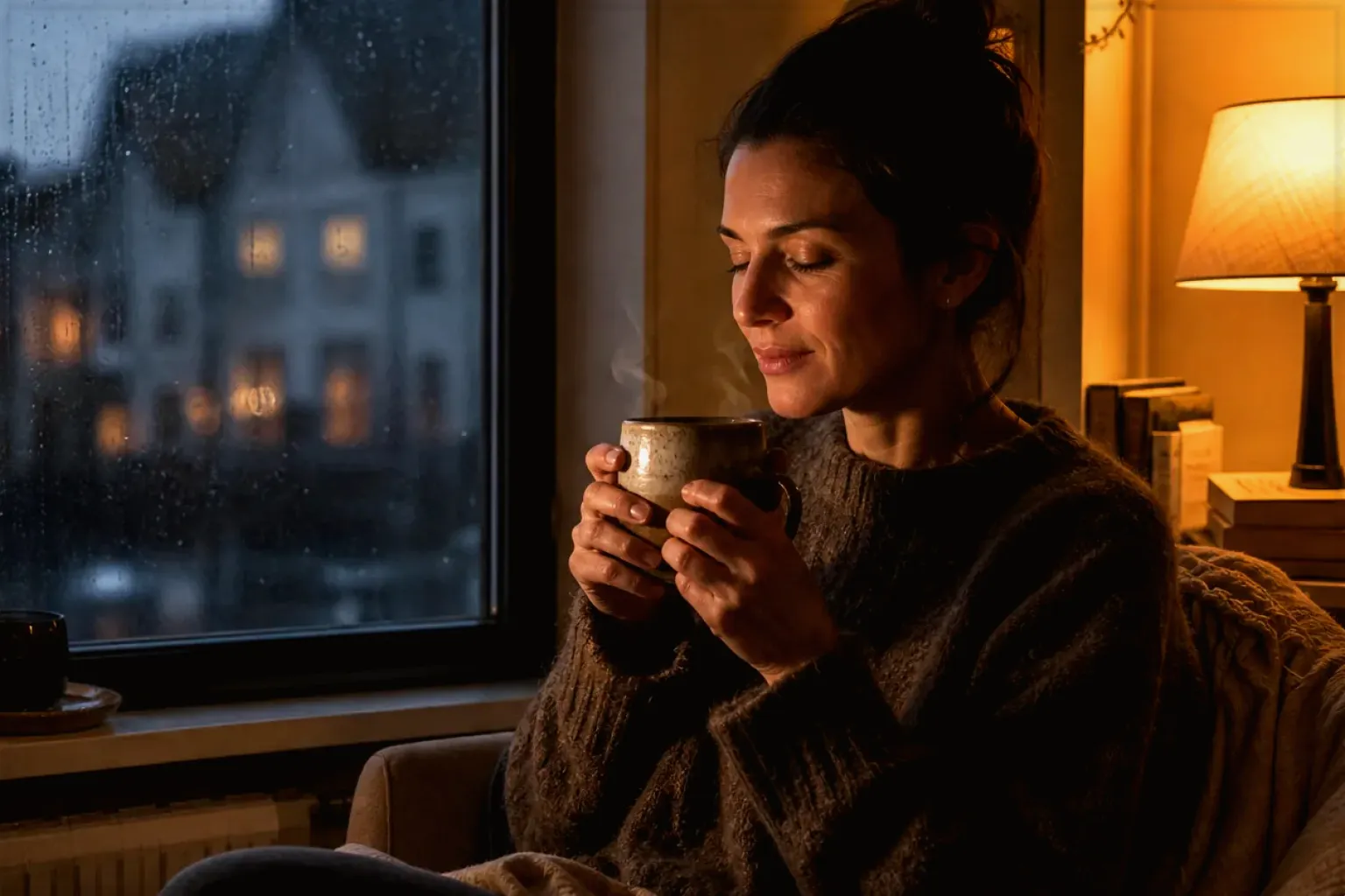 Eine Frau genießt an einem regnerischen Abend ruhig eine warme Tasse Kaffee am Fenster – gezeigt für Eureka im Markenprofil.