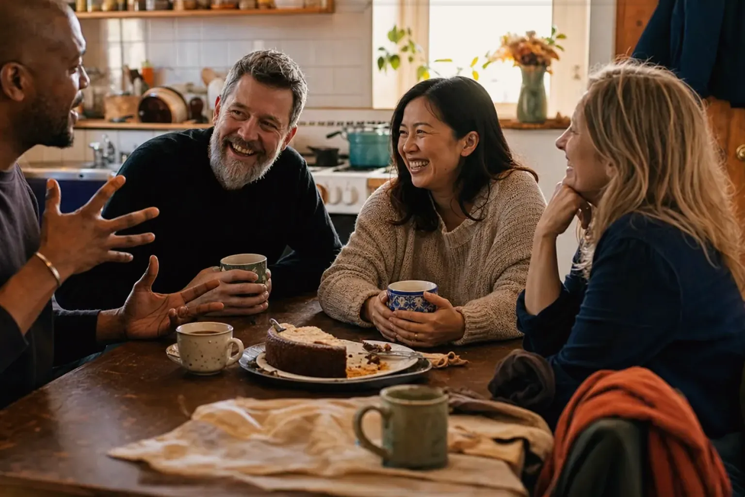 Vier erwachsene Freunde verschiedener Altersgruppen lachen gemeinsam bei Kaffee und selbst gebackenem Kuchen – gezeigt für Eureka im Markenprofil.