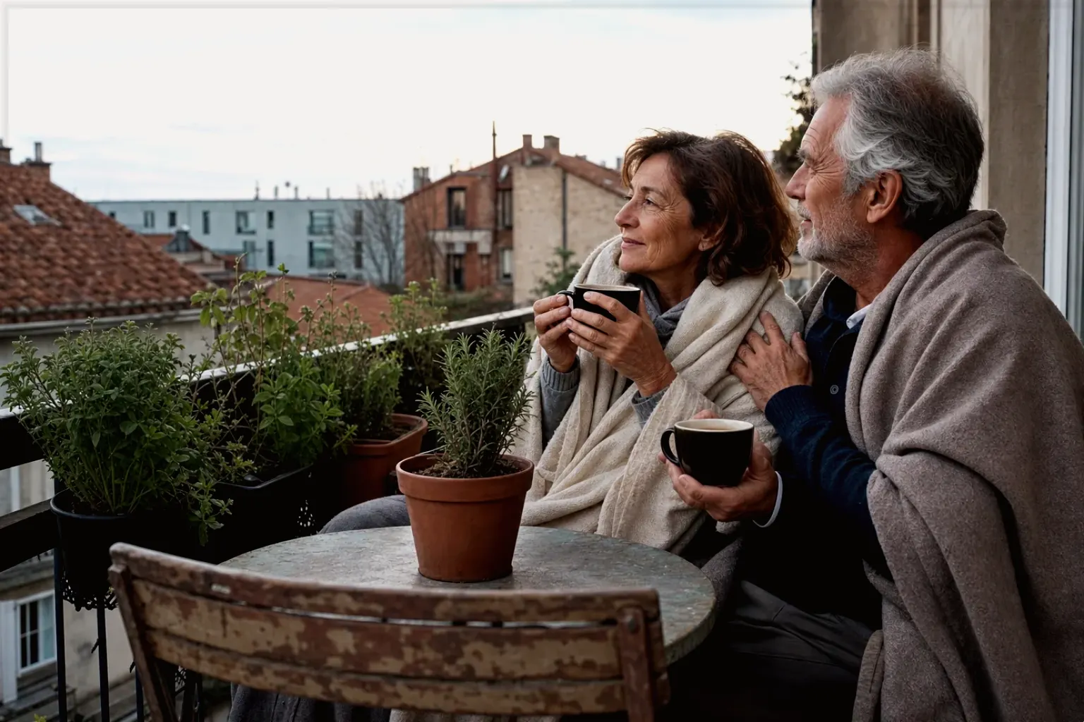 Ein älteres Paar teilt am frühen Morgen Kaffee auf einem kleinen Balkon – gezeigt für Eureka im Markenprofil.