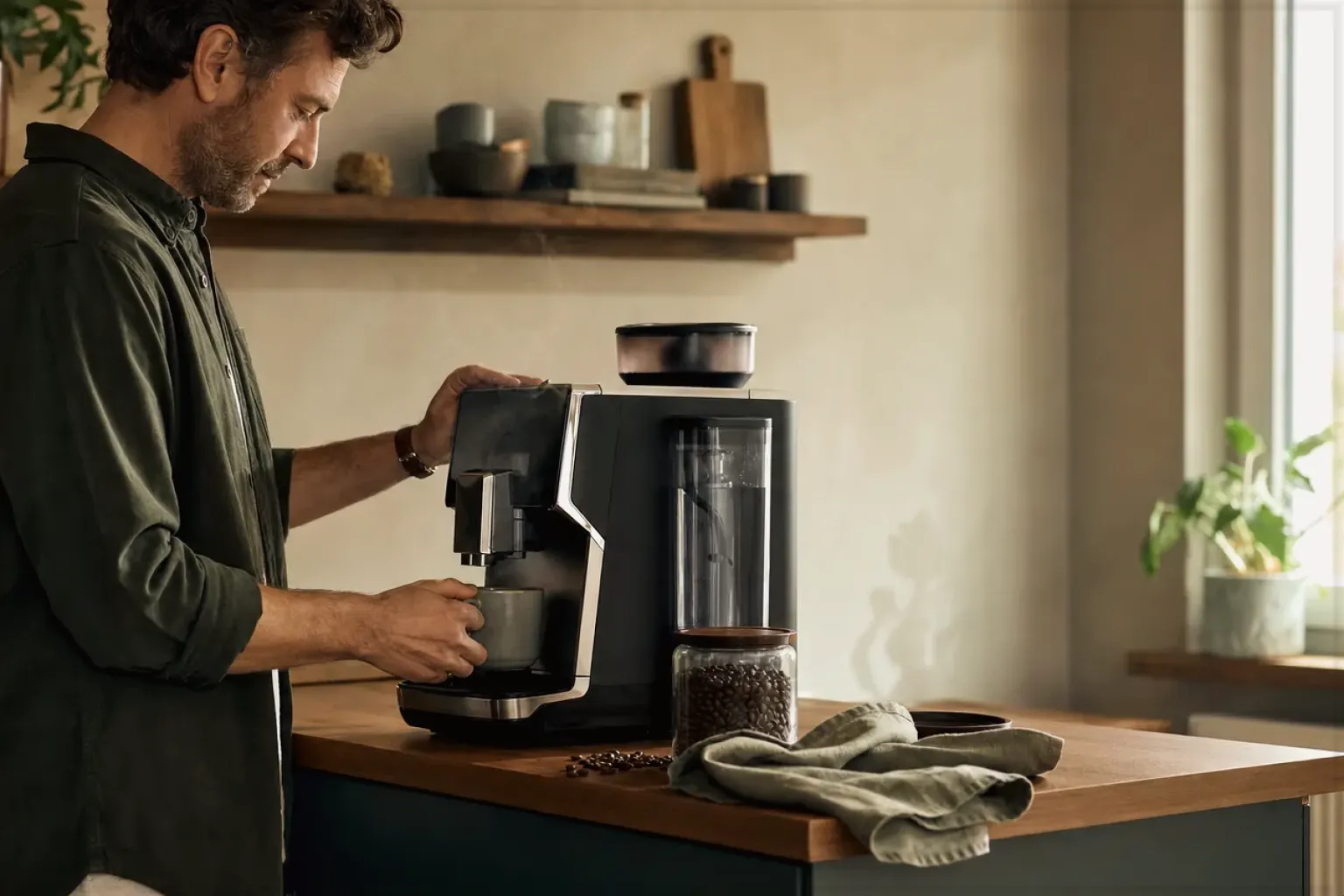 Ein Mann bereitet morgens Kaffee in seiner Küche zu – gezeigt für Eureka im Markenprofil.