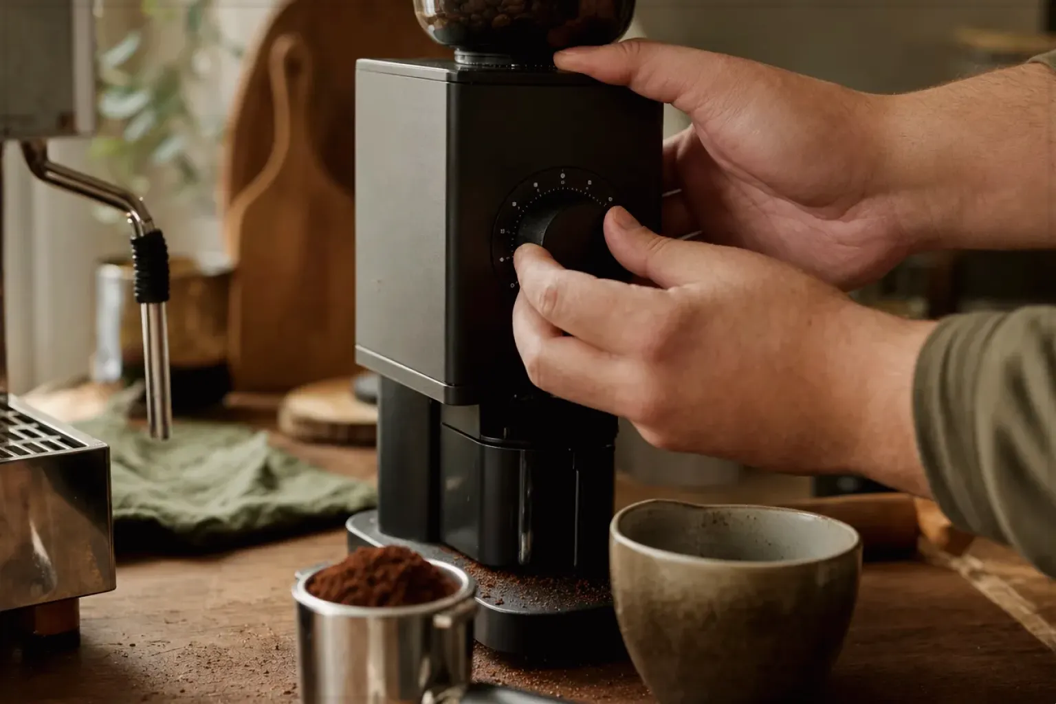 Zwei Hände stellen den Mahlgrad an einer Kaffeemühle neben einer Espressomaschine ein – gezeigt für Eureka im Markenprofil.