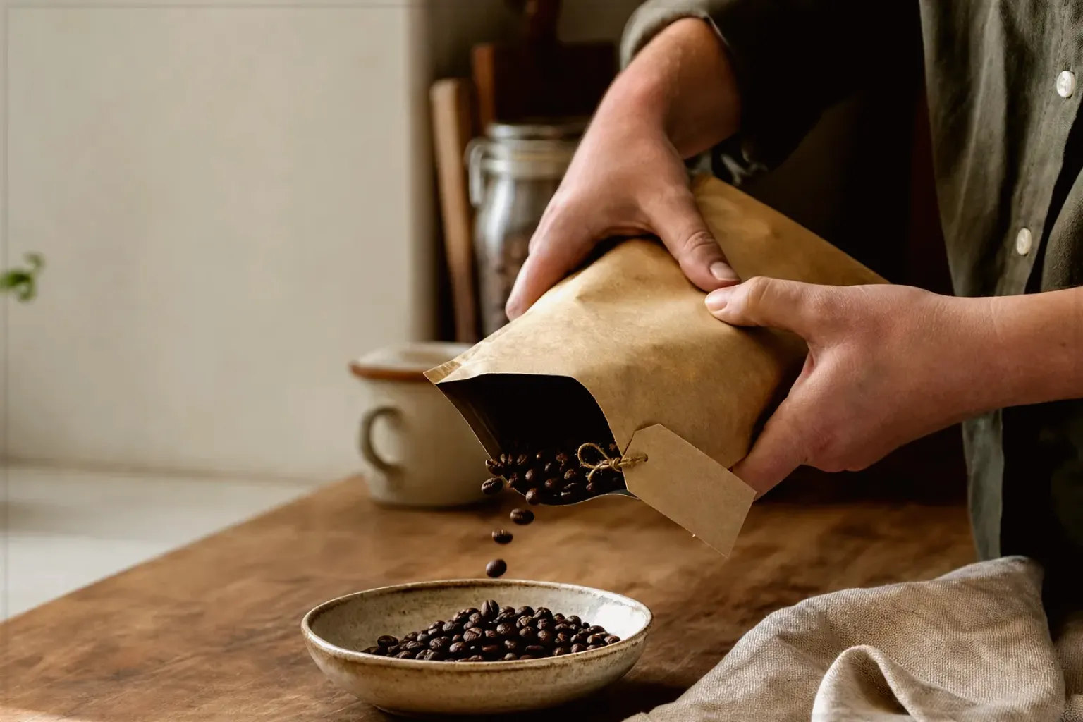Hände füllen frisch geröstete Kaffeebohnen aus einer Papiertüte in eine Keramikschale – gezeigt für Eureka im Markenprofil.
