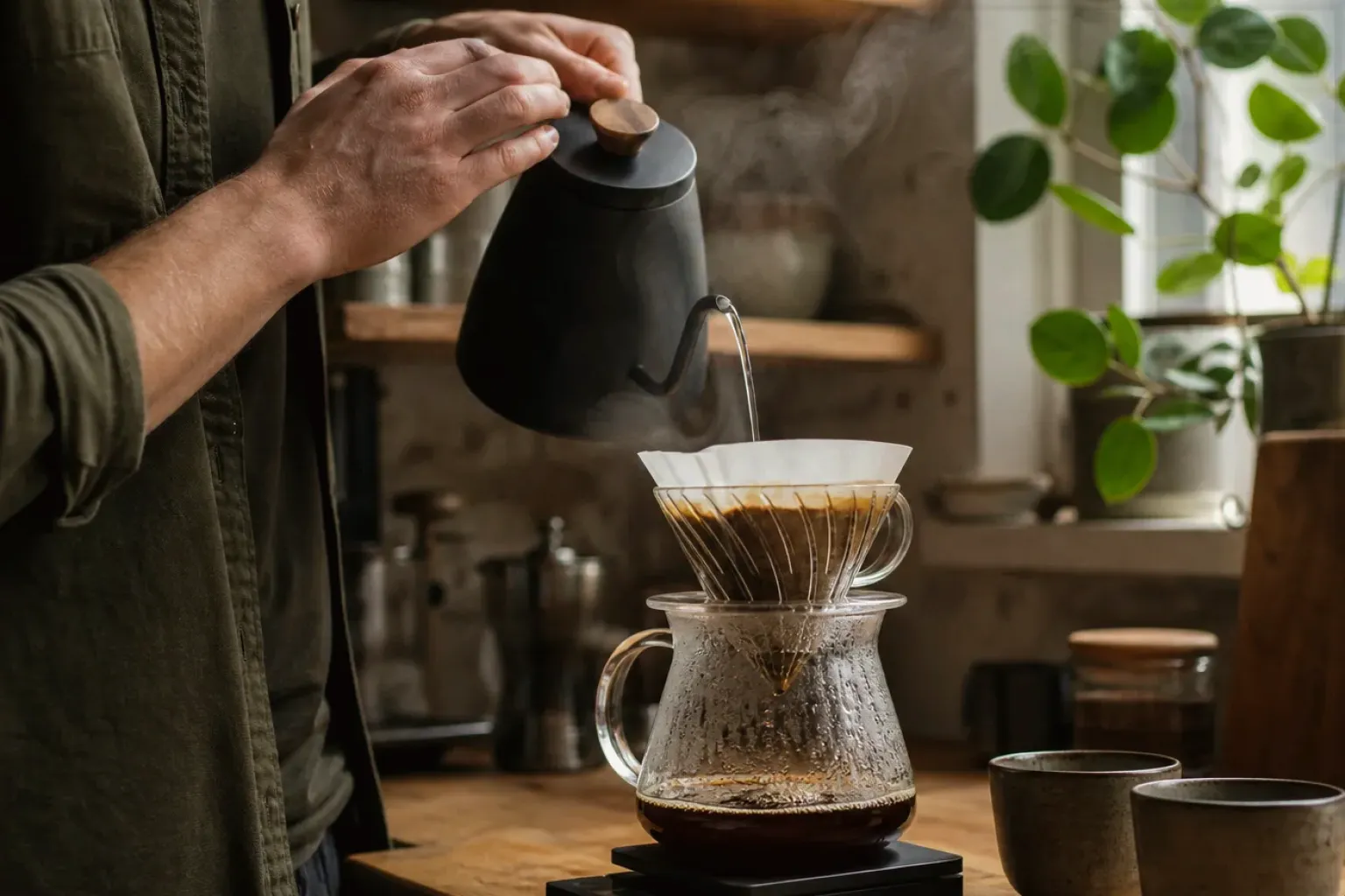 Filterkaffee wird mit einem Schwanenhalskessel von Hand in einer Küche aufgegossen – gezeigt für Eureka im Markenprofil.