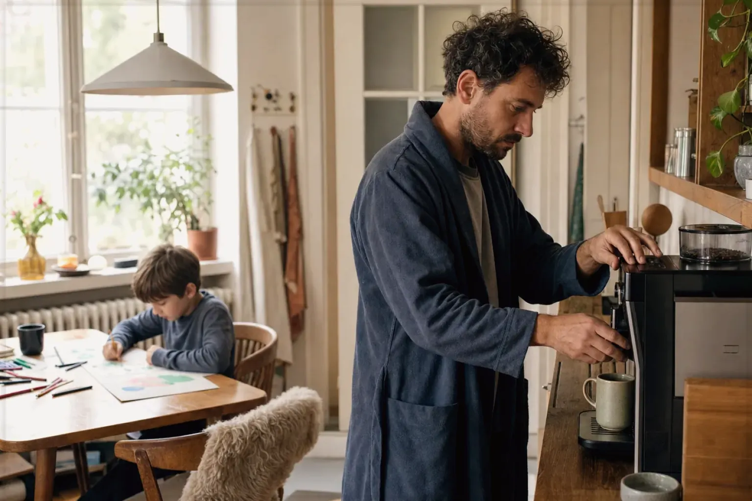 Ein Vater bereitet morgens Kaffee zu, während sein Kind am Küchentisch malt – gezeigt für Eureka im Markenprofil.