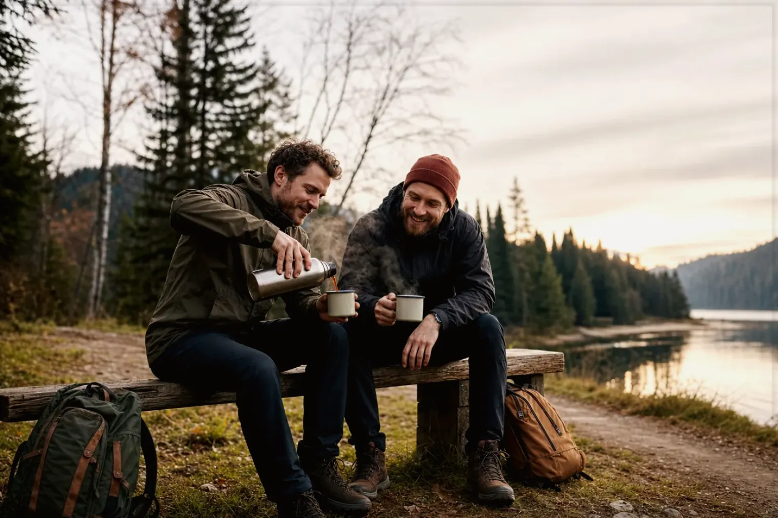 Zwei Freunde teilen auf einer Wanderung heißen Kaffee aus einer Thermoskanne am See – gezeigt für Eureka im Markenprofil.