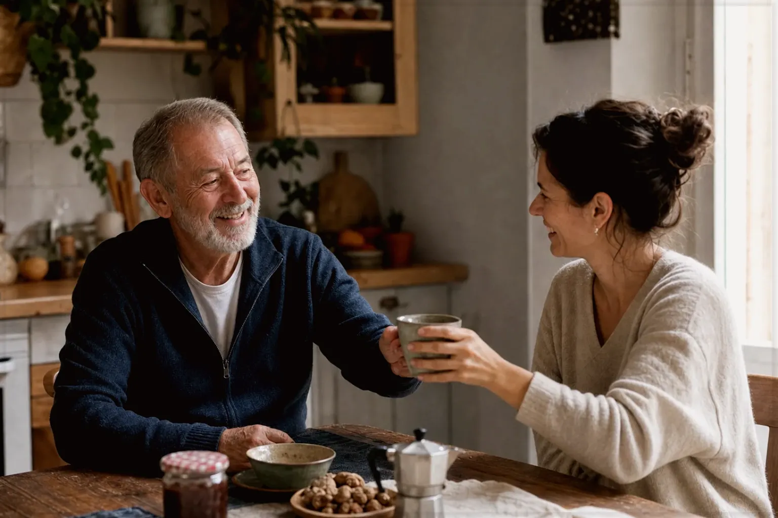 Eine erwachsene Tochter und ihr älterer Vater lachen gemeinsam beim Kaffee in ihrer bewohnten Küche – gezeigt für illy im Markenprofil.