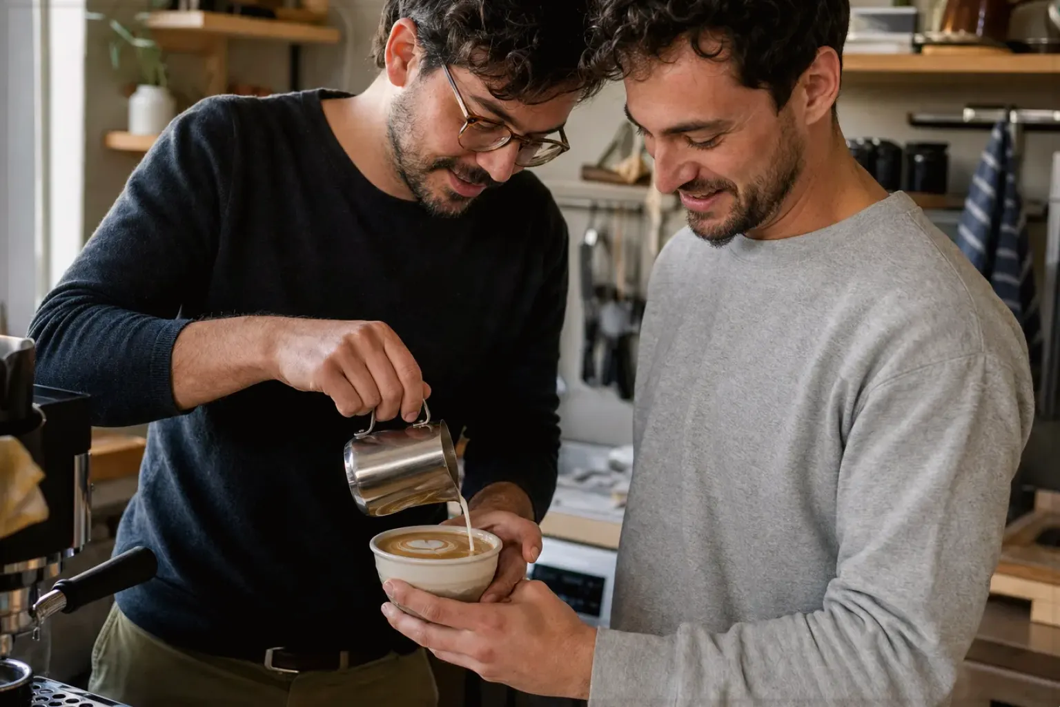 Zwei erwachsene Freunde freuen sich in einer kleinen Küche über ihre gemeinsam gegossene Latte Art – gezeigt für illy im Markenprofil.