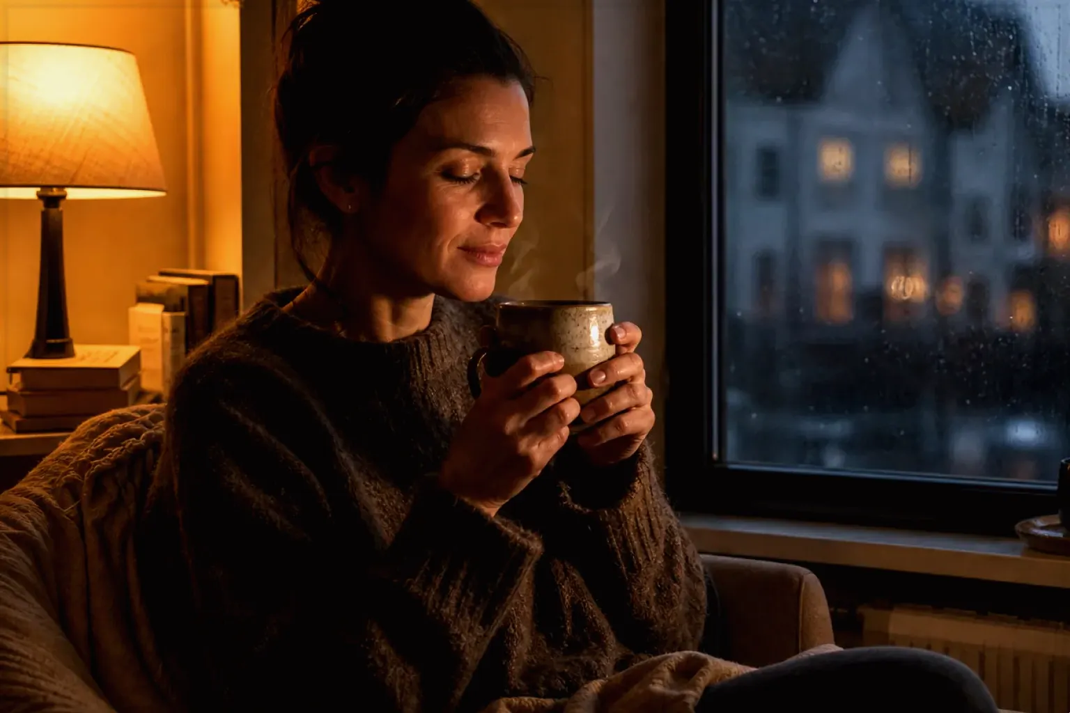 Eine Frau genießt an einem regnerischen Abend ruhig eine warme Tasse Kaffee am Fenster – gezeigt für illy im Markenprofil.