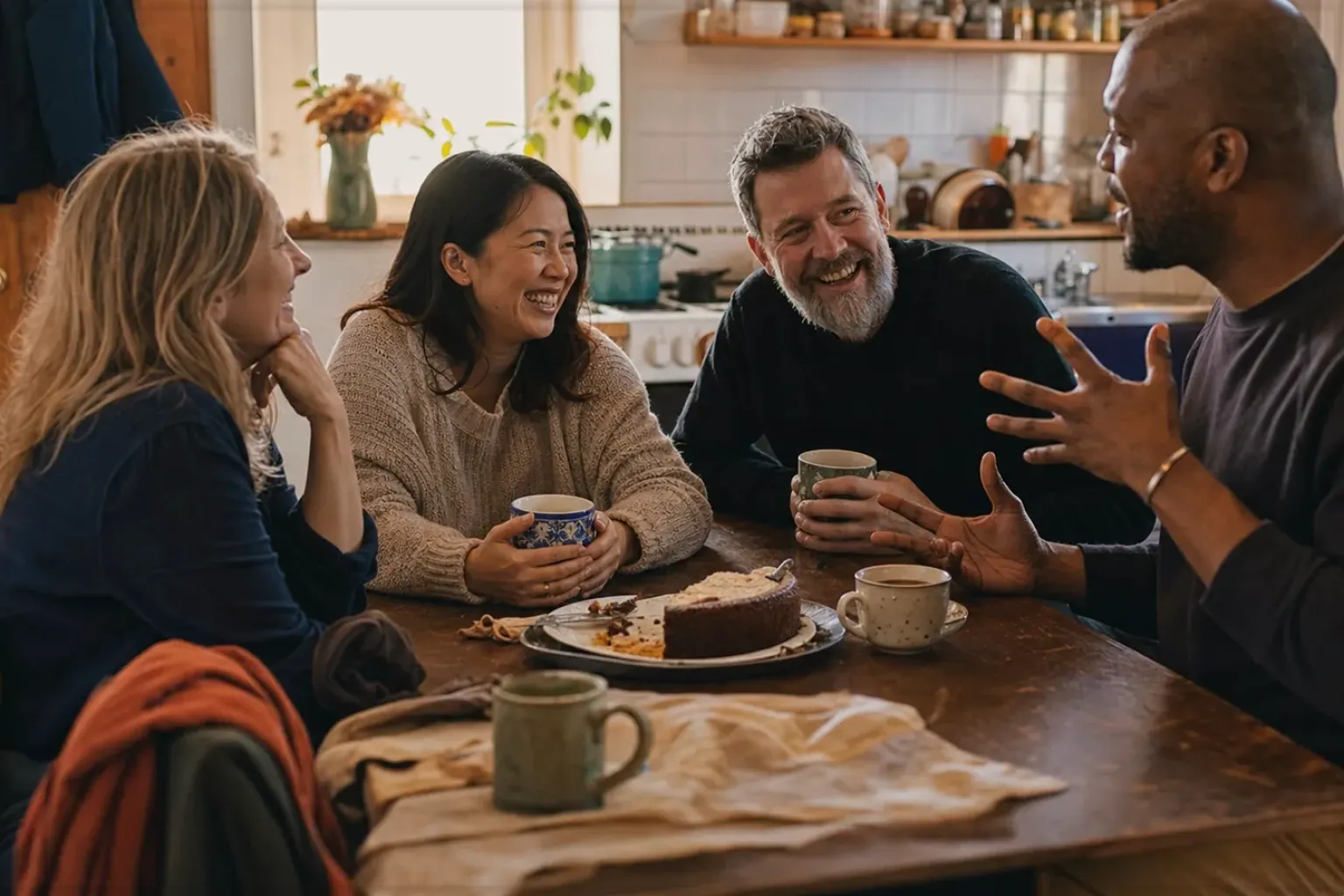 Vier erwachsene Freunde verschiedener Altersgruppen lachen gemeinsam bei Kaffee und selbst gebackenem Kuchen – gezeigt für illy im Markenprofil.