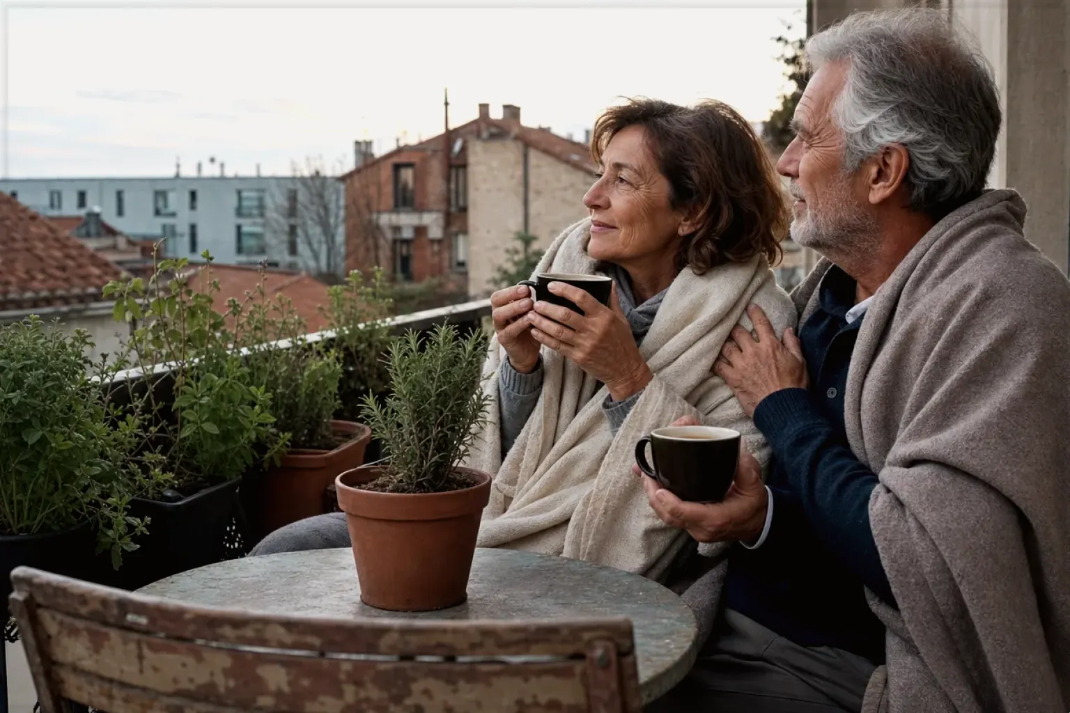 Ein älteres Paar teilt am frühen Morgen Kaffee auf einem kleinen Balkon – gezeigt für illy im Markenprofil.