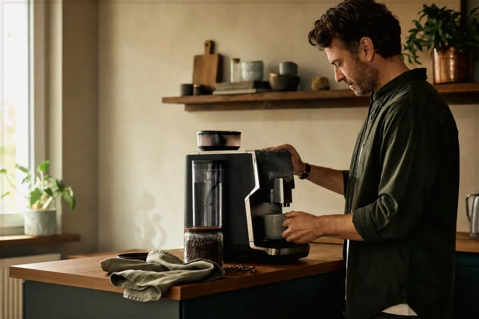 Ein Mann bereitet morgens Kaffee in seiner Küche zu – gezeigt für illy im Markenprofil.