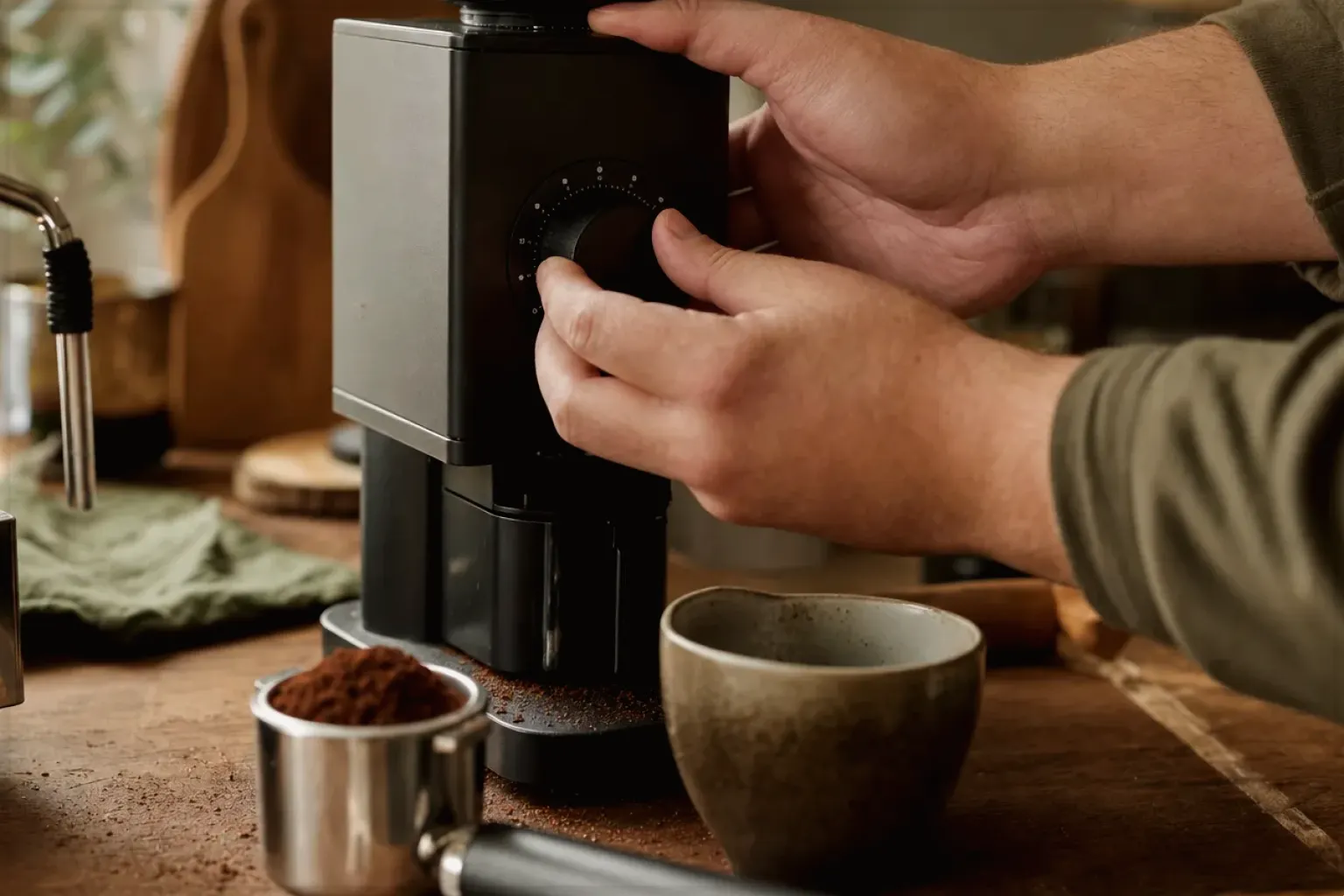 Zwei Hände stellen den Mahlgrad an einer Kaffeemühle neben einer Espressomaschine ein – gezeigt für illy im Markenprofil.