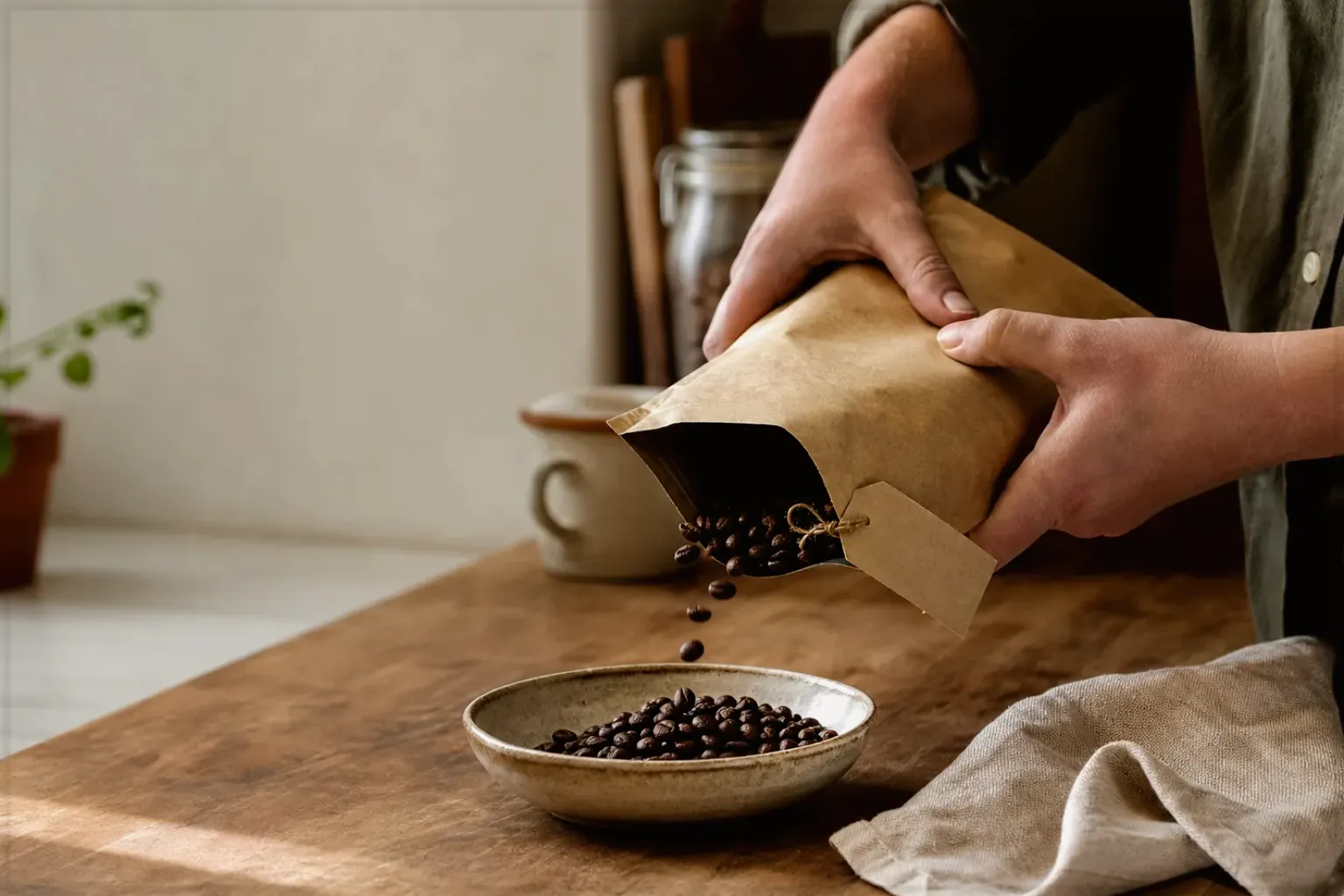 Hände füllen frisch geröstete Kaffeebohnen aus einer Papiertüte in eine Keramikschale – gezeigt für illy im Markenprofil.