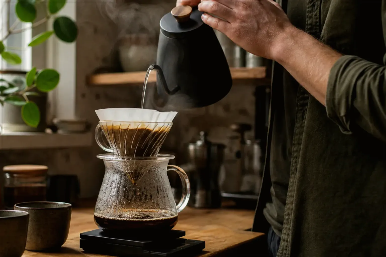 Filterkaffee wird mit einem Schwanenhalskessel von Hand in einer Küche aufgegossen – gezeigt für illy im Markenprofil.