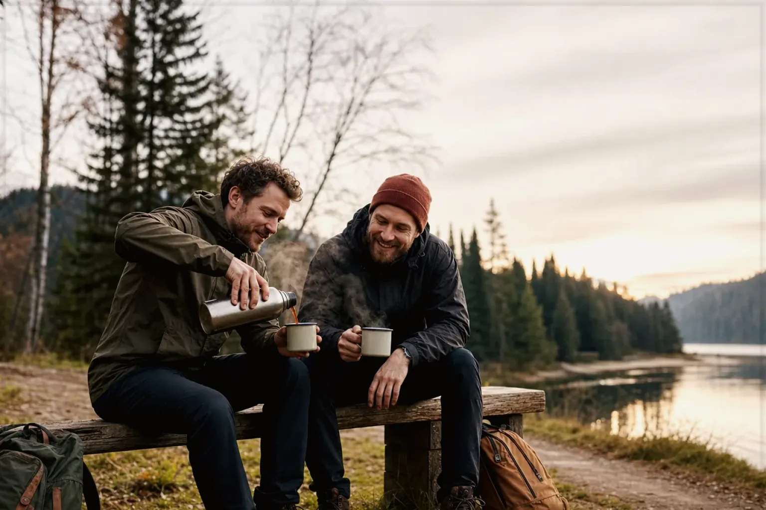 Zwei Freunde teilen auf einer Wanderung heißen Kaffee aus einer Thermoskanne am See – gezeigt für illy im Markenprofil.