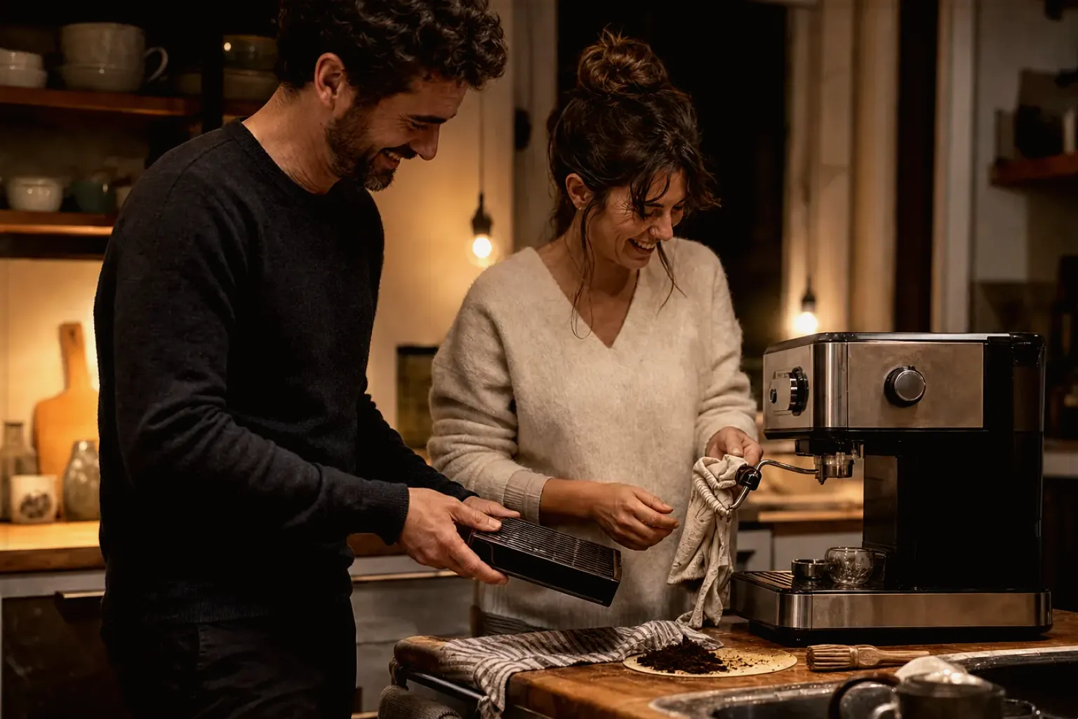 Ein Paar reinigt am Abend gemeinsam und gut gelaunt seine Espressomaschine in der Küche – gezeigt für illy im Markenprofil.