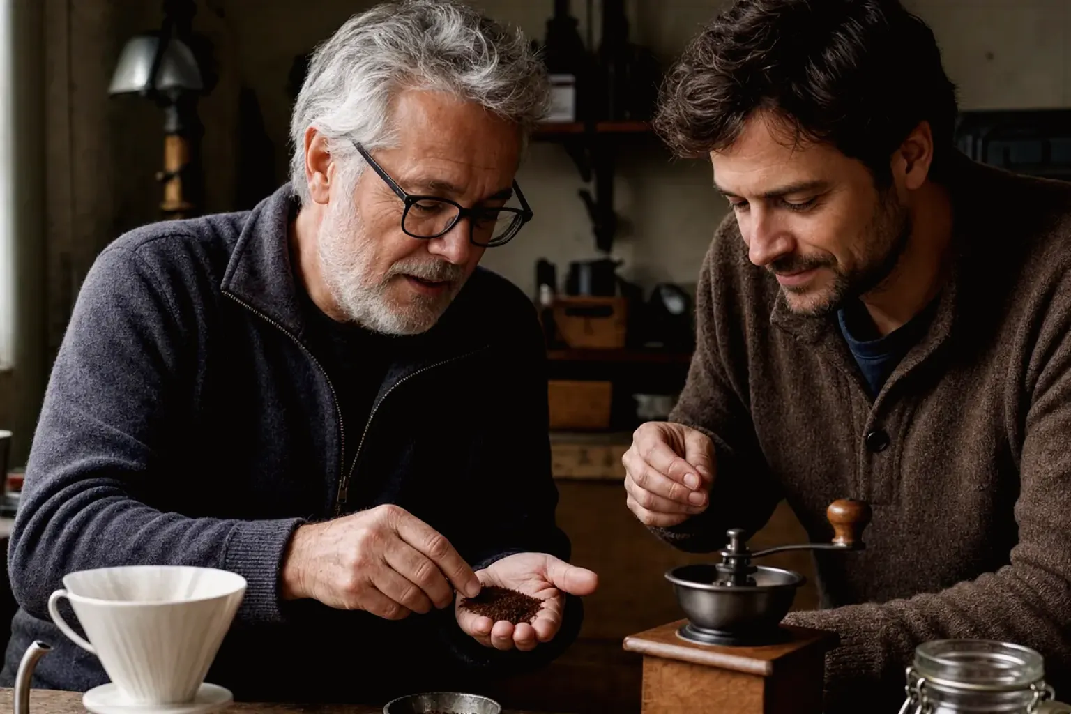 Ein erfahrener Kaffeeliebhaber erklärt einem jüngeren Erwachsenen Mahlgrad und Kaffeetextur.