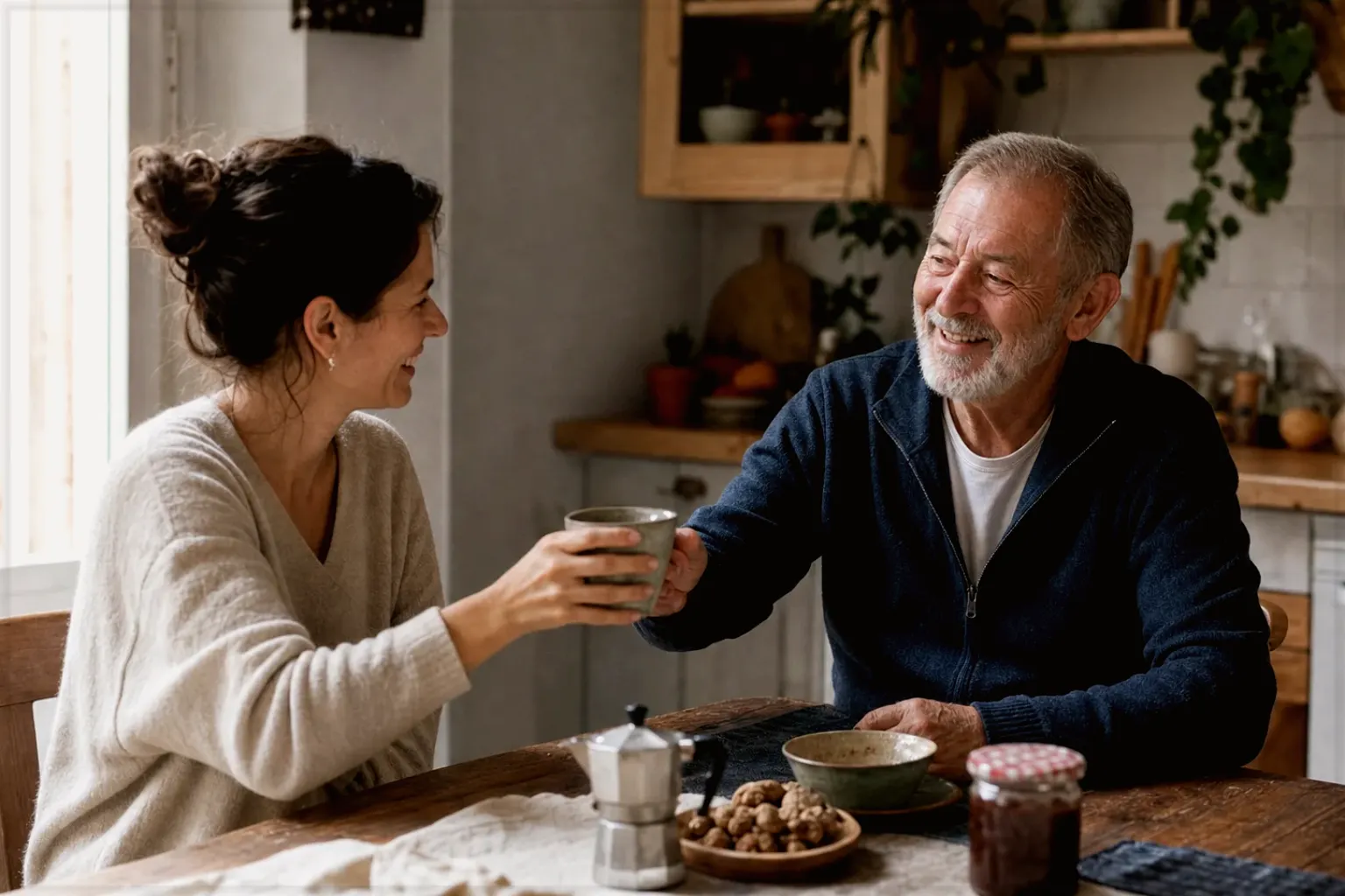 Eine erwachsene Tochter und ihr älterer Vater lachen gemeinsam beim Kaffee in ihrer bewohnten Küche – gezeigt für Jura im Markenprofil.