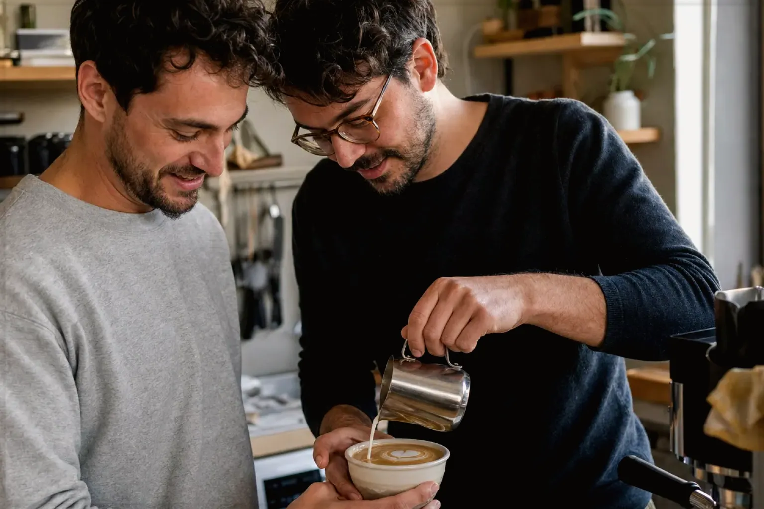 Zwei erwachsene Freunde freuen sich in einer kleinen Küche über ihre gemeinsam gegossene Latte Art – gezeigt für Jura im Markenprofil.