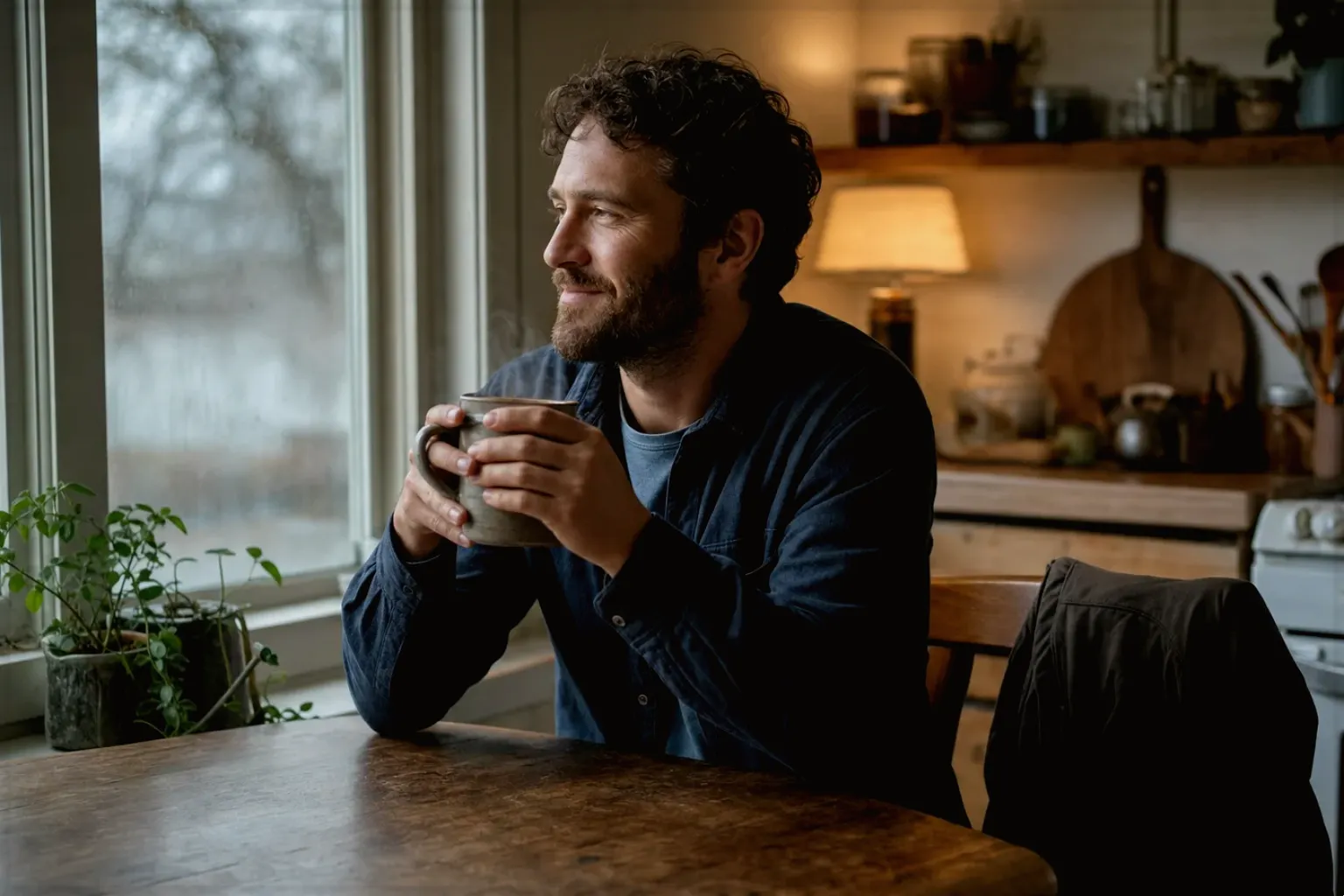 Ein Mann hält nach seinem Arbeitstag eine warme Kaffeetasse und blickt entspannt aus dem Küchenfenster – gezeigt für Jura im Markenprofil.