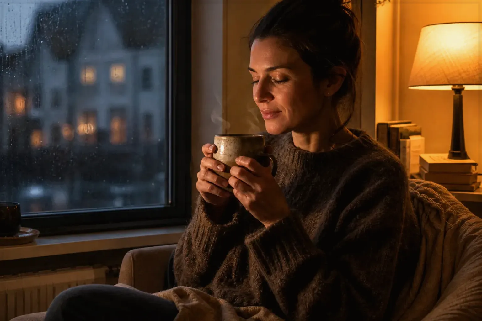 Eine Frau genießt an einem regnerischen Abend ruhig eine warme Tasse Kaffee am Fenster – gezeigt für Jura im Markenprofil.