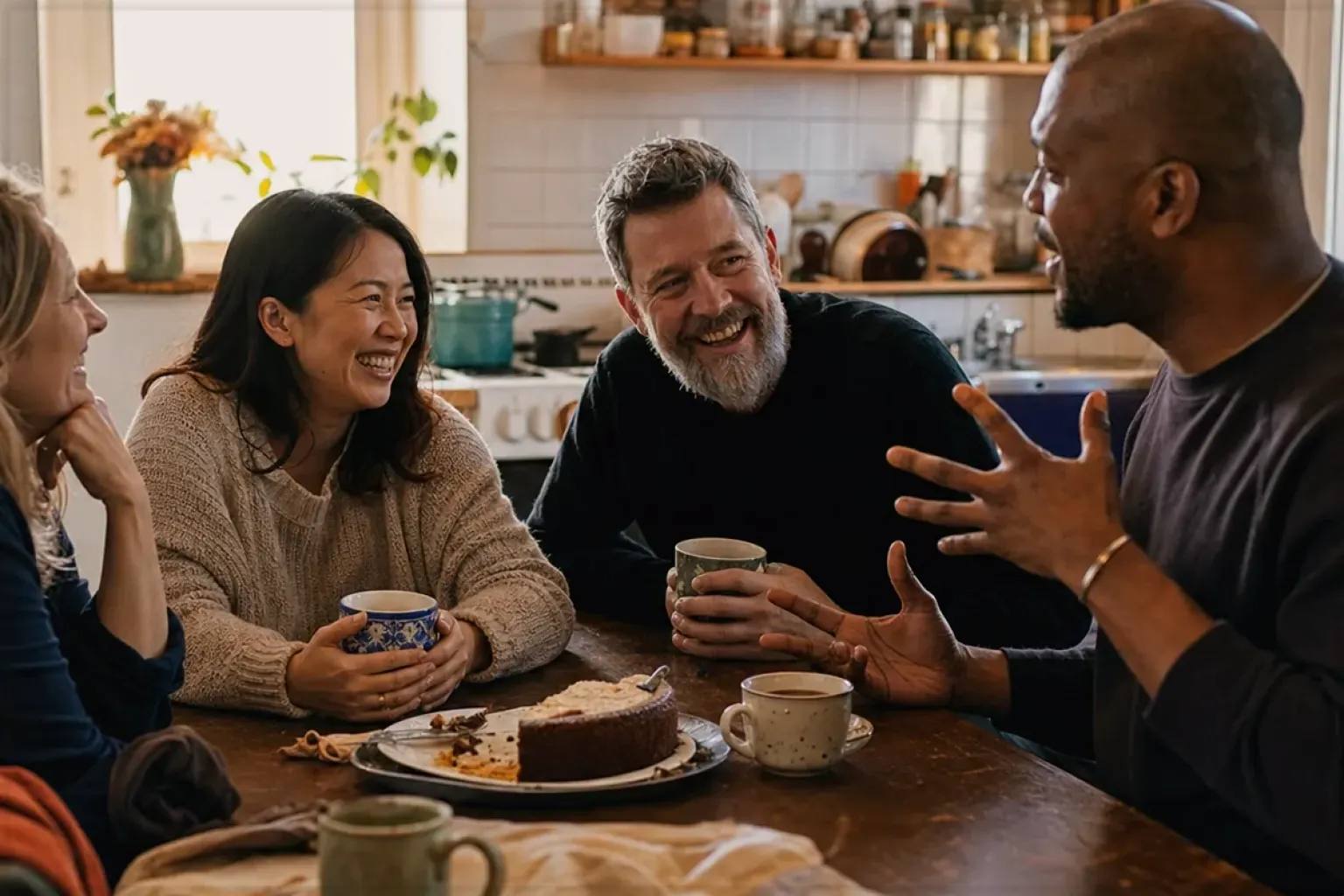 Vier erwachsene Freunde verschiedener Altersgruppen lachen gemeinsam bei Kaffee und selbst gebackenem Kuchen – gezeigt für Jura im Markenprofil.