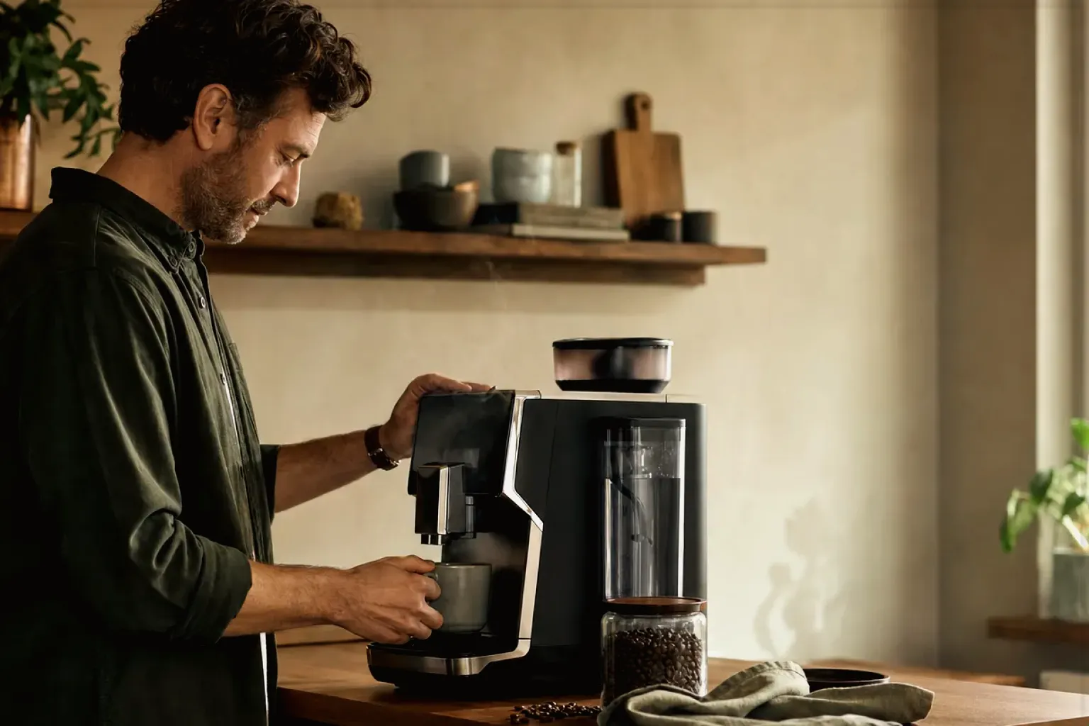 Ein Mann bereitet morgens Kaffee in seiner Küche zu – gezeigt für Jura im Markenprofil.