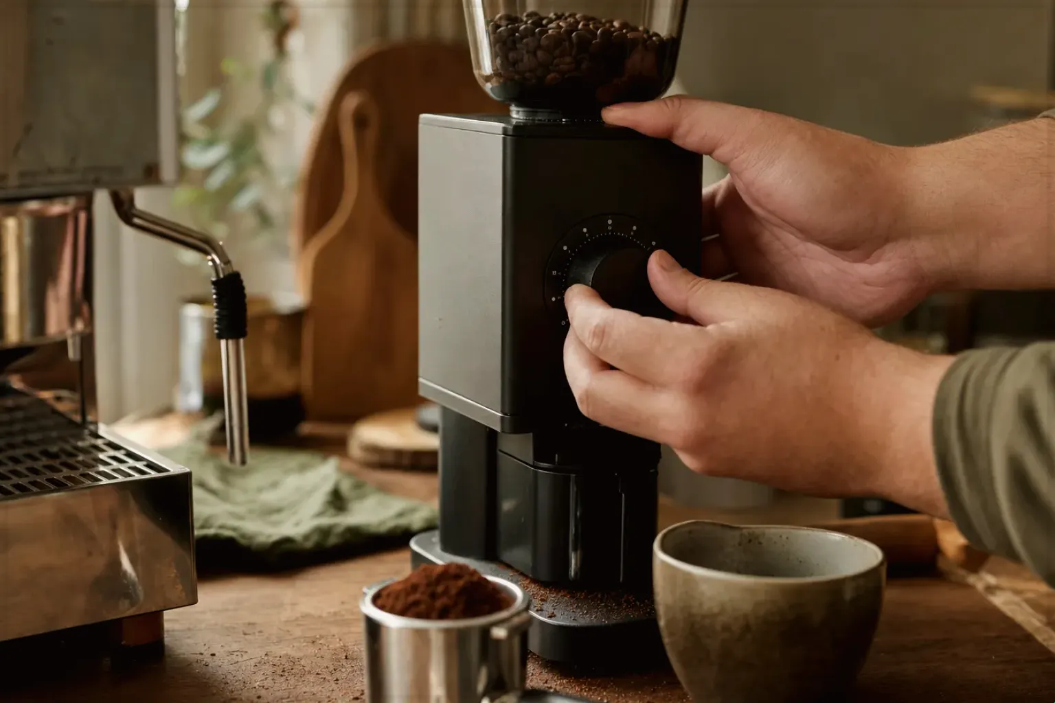 Zwei Hände stellen den Mahlgrad an einer Kaffeemühle neben einer Espressomaschine ein – gezeigt für Jura im Markenprofil.