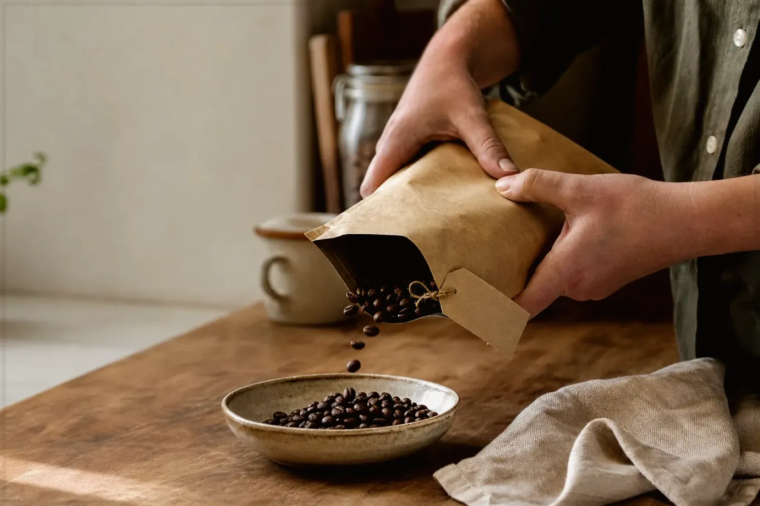 Hände füllen frisch geröstete Kaffeebohnen aus einer Papiertüte in eine Keramikschale – gezeigt für Jura im Markenprofil.