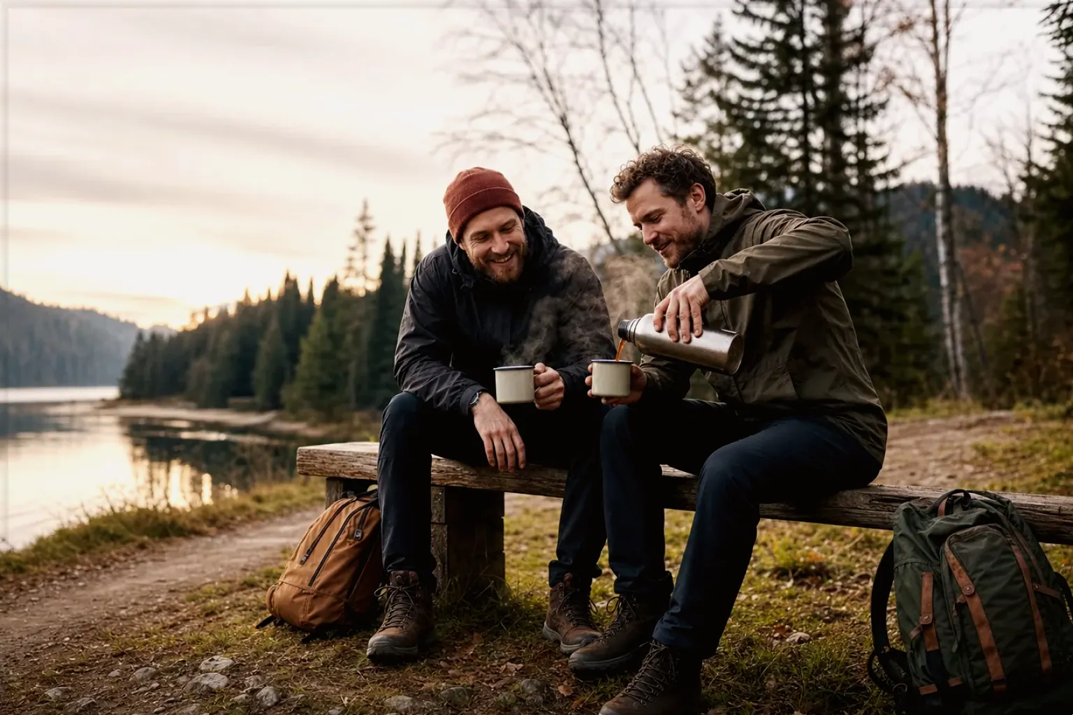 Zwei Freunde teilen auf einer Wanderung heißen Kaffee aus einer Thermoskanne am See – gezeigt für Jura im Markenprofil.