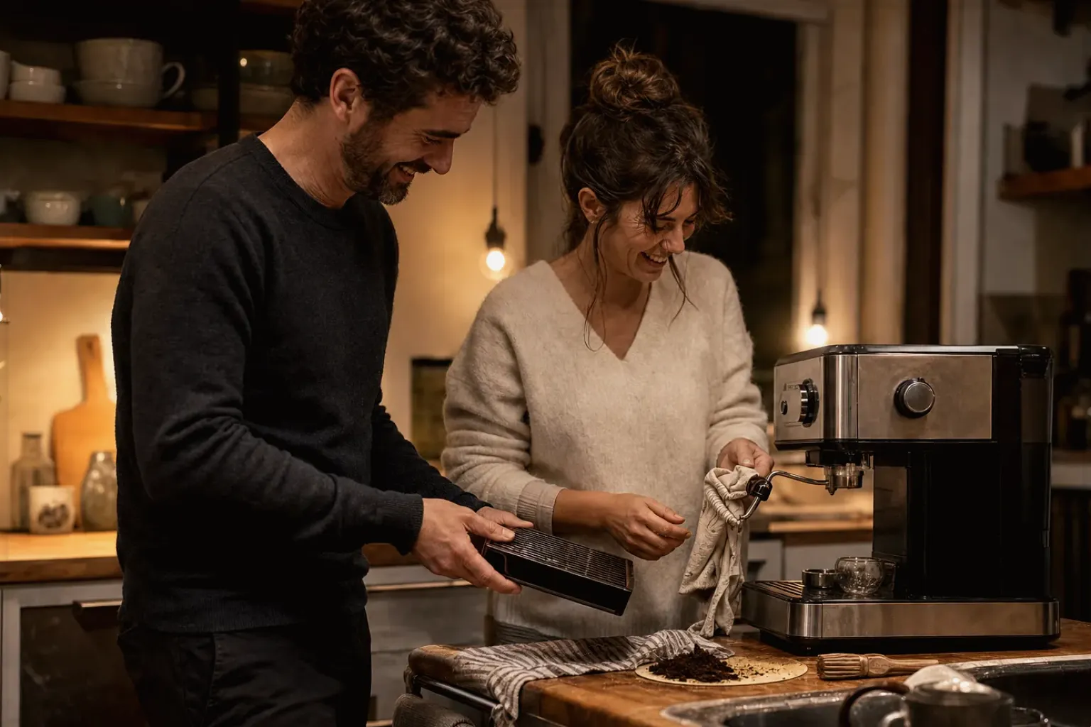 Ein Paar reinigt am Abend gemeinsam und gut gelaunt seine Espressomaschine in der Küche – gezeigt für Jura im Markenprofil.