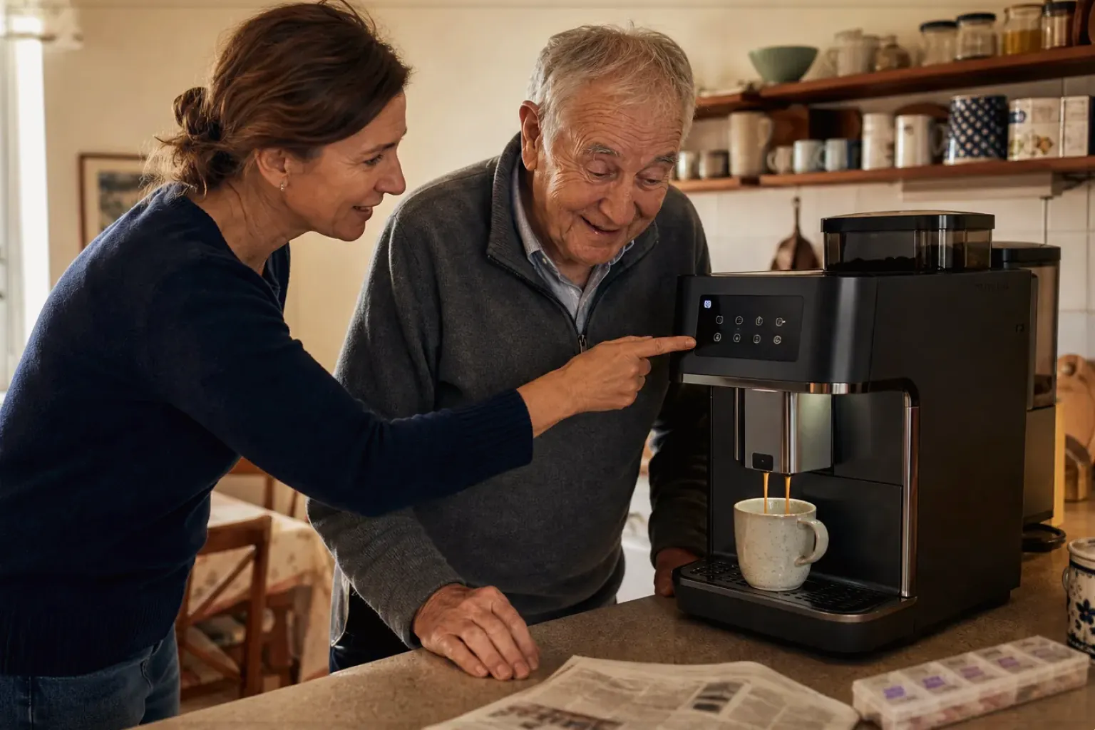 Eine erwachsene Tochter erklärt ihrem Vater verständlich die Bedienung eines Kaffeevollautomaten.