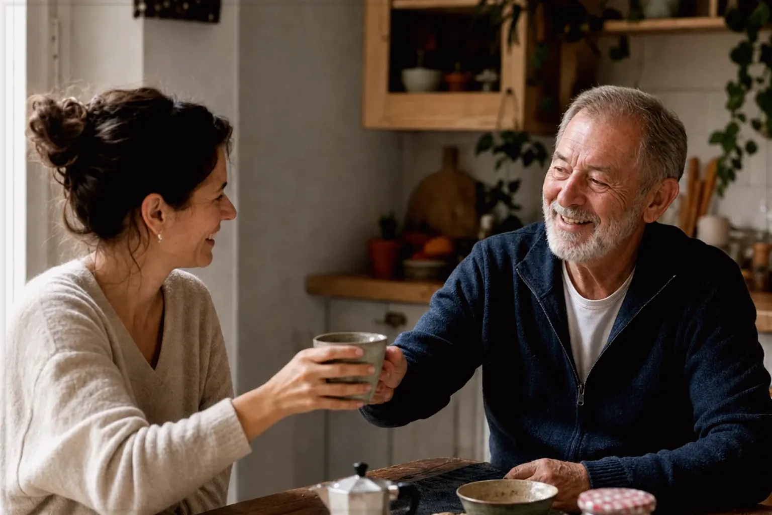 Eine erwachsene Tochter und ihr älterer Vater lachen gemeinsam beim Kaffee in ihrer bewohnten Küche – gezeigt für Lavazza im Markenprofil.