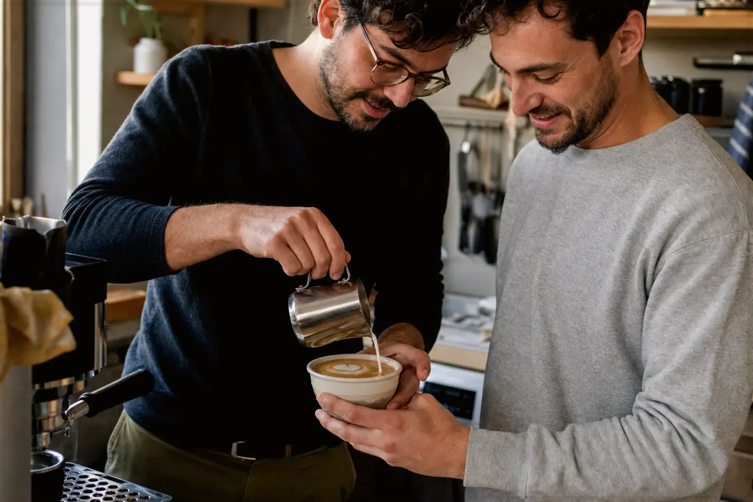 Zwei erwachsene Freunde freuen sich in einer kleinen Küche über ihre gemeinsam gegossene Latte Art – gezeigt für Lavazza im Markenprofil.