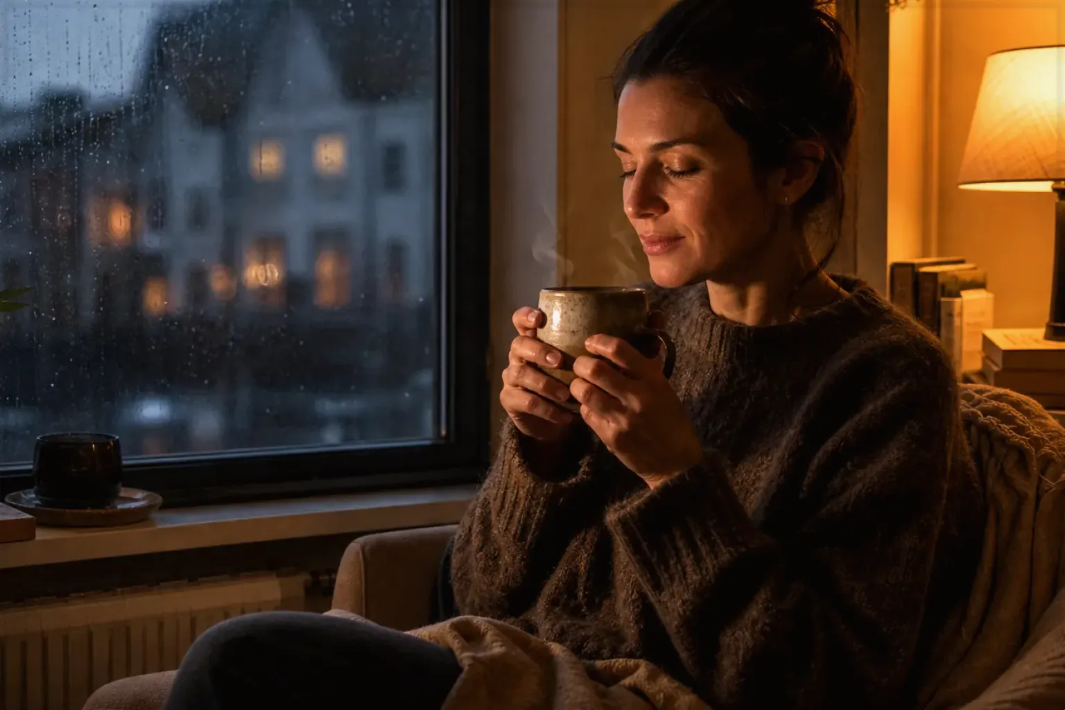 Eine Frau genießt an einem regnerischen Abend ruhig eine warme Tasse Kaffee am Fenster – gezeigt für Lavazza im Markenprofil.