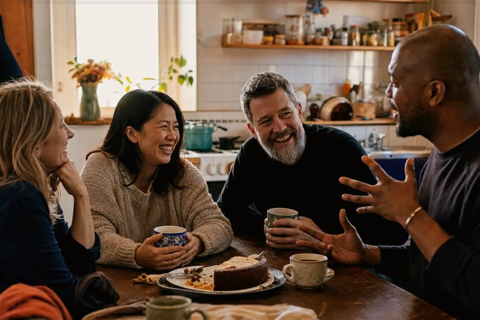Vier erwachsene Freunde verschiedener Altersgruppen lachen gemeinsam bei Kaffee und selbst gebackenem Kuchen – gezeigt für Lavazza im Markenprofil.