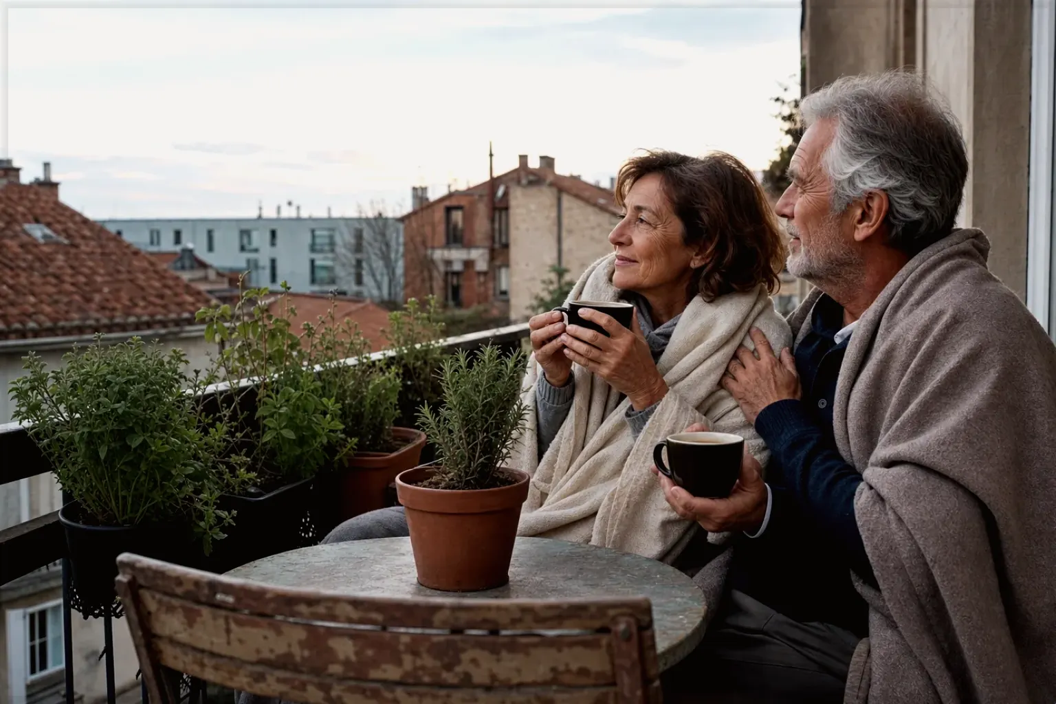 Ein älteres Paar teilt am frühen Morgen Kaffee auf einem kleinen Balkon – gezeigt für Lavazza im Markenprofil.