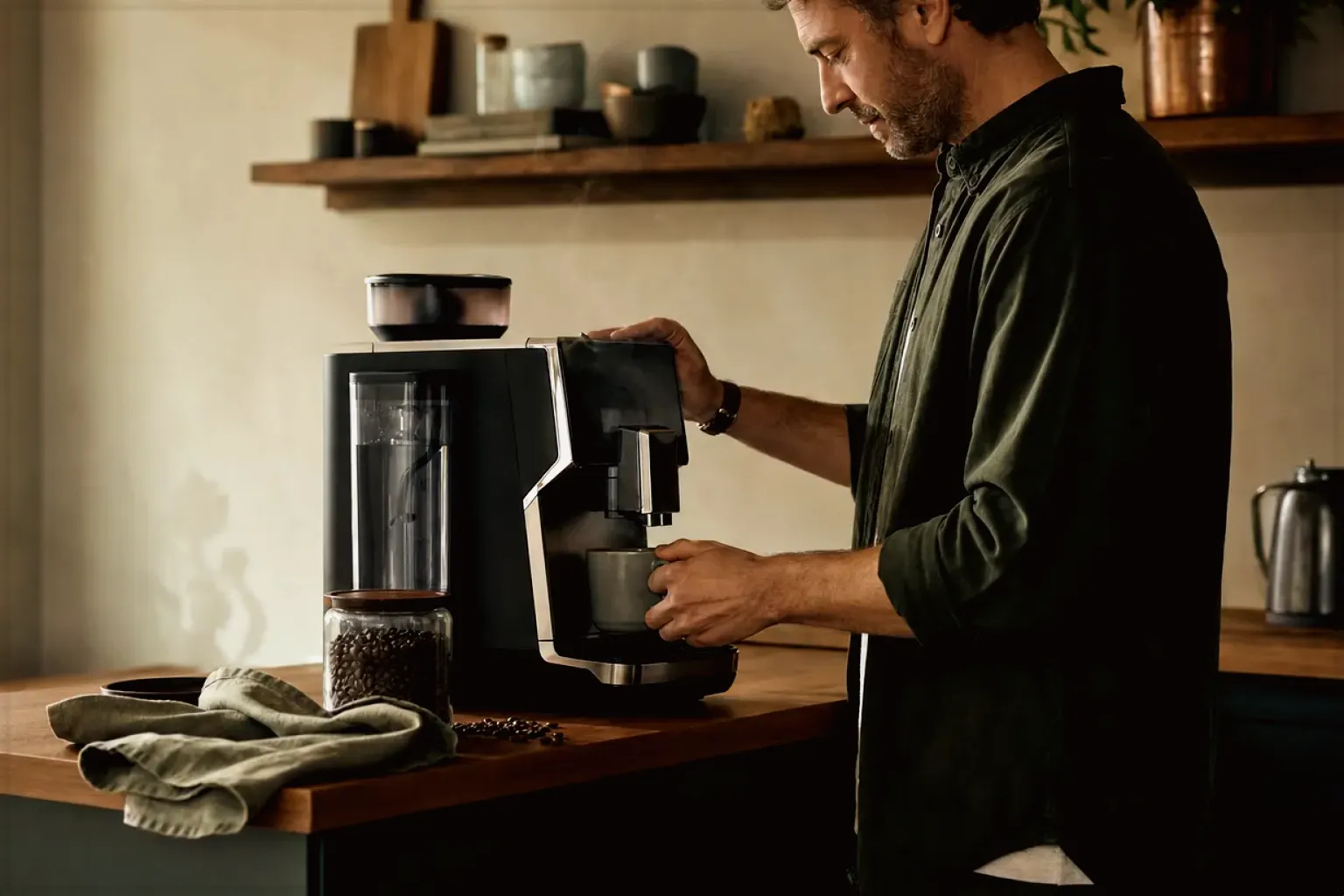 Ein Mann bereitet morgens Kaffee in seiner Küche zu – gezeigt für Lavazza im Markenprofil.