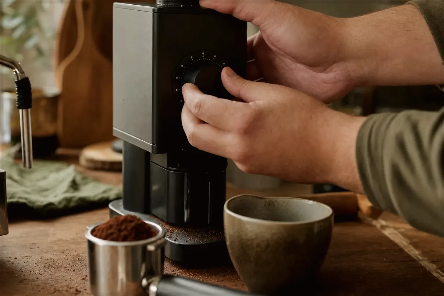 Zwei Hände stellen den Mahlgrad an einer Kaffeemühle neben einer Espressomaschine ein – gezeigt für Lavazza im Markenprofil.