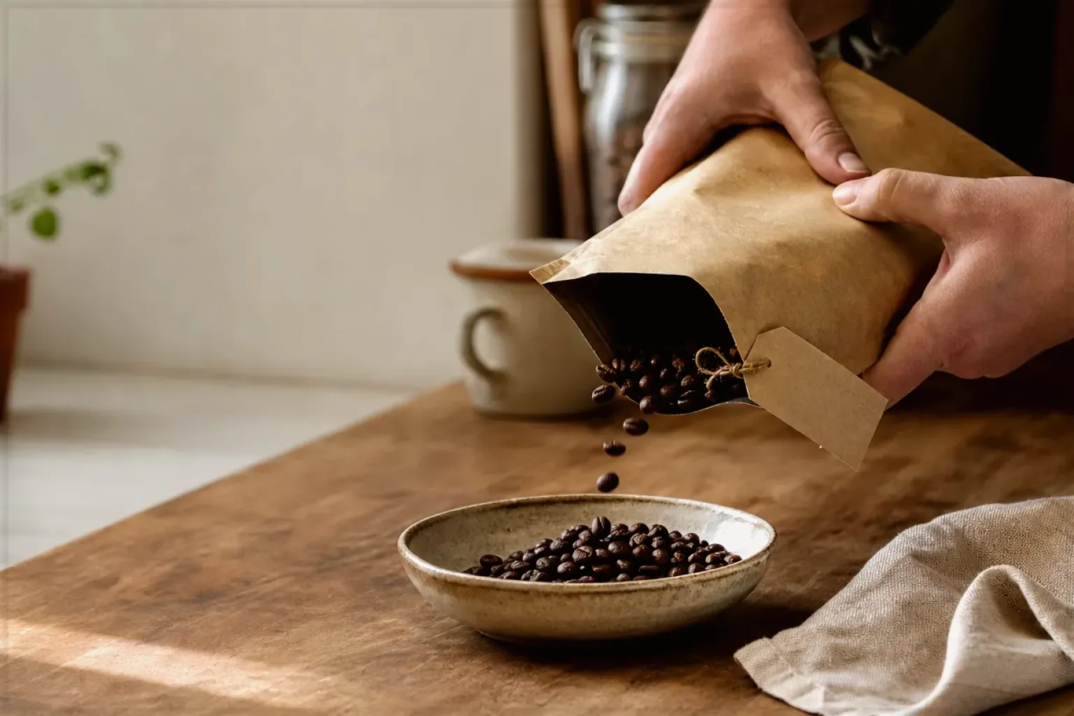 Hände füllen frisch geröstete Kaffeebohnen aus einer Papiertüte in eine Keramikschale – gezeigt für Lavazza im Markenprofil.