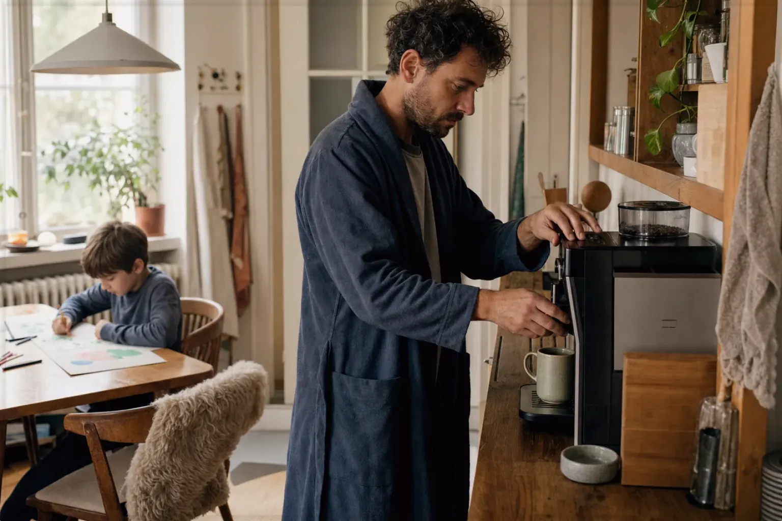 Ein Vater bereitet morgens Kaffee zu, während sein Kind am Küchentisch malt – gezeigt für Lavazza im Markenprofil.