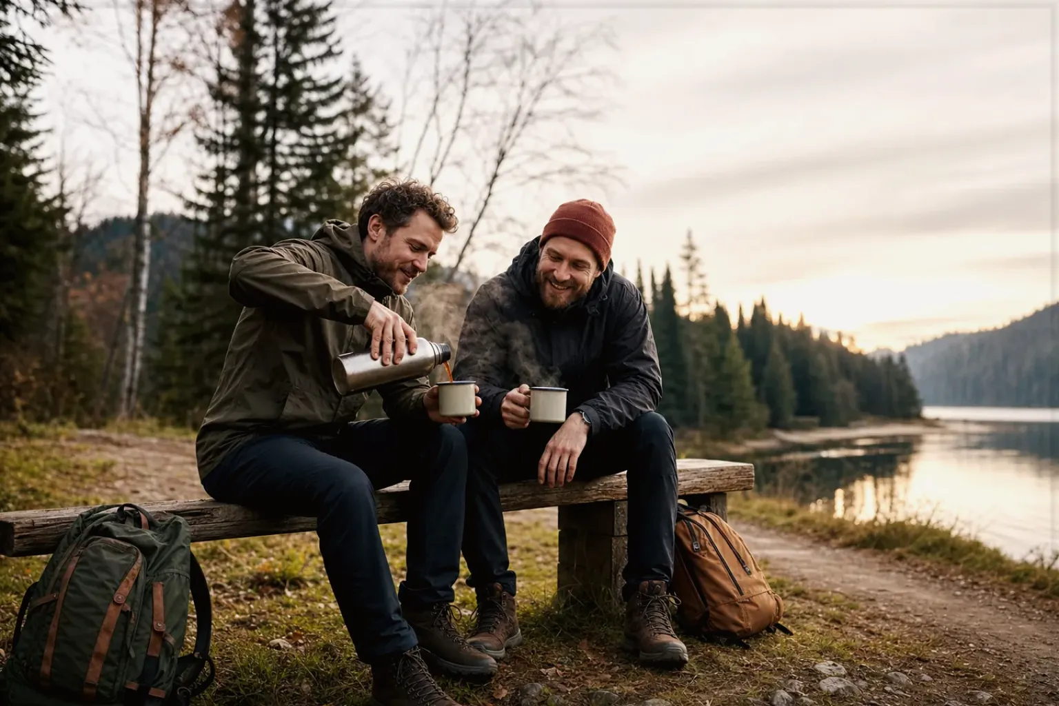 Zwei Freunde teilen auf einer Wanderung heißen Kaffee aus einer Thermoskanne am See – gezeigt für Lavazza im Markenprofil.
