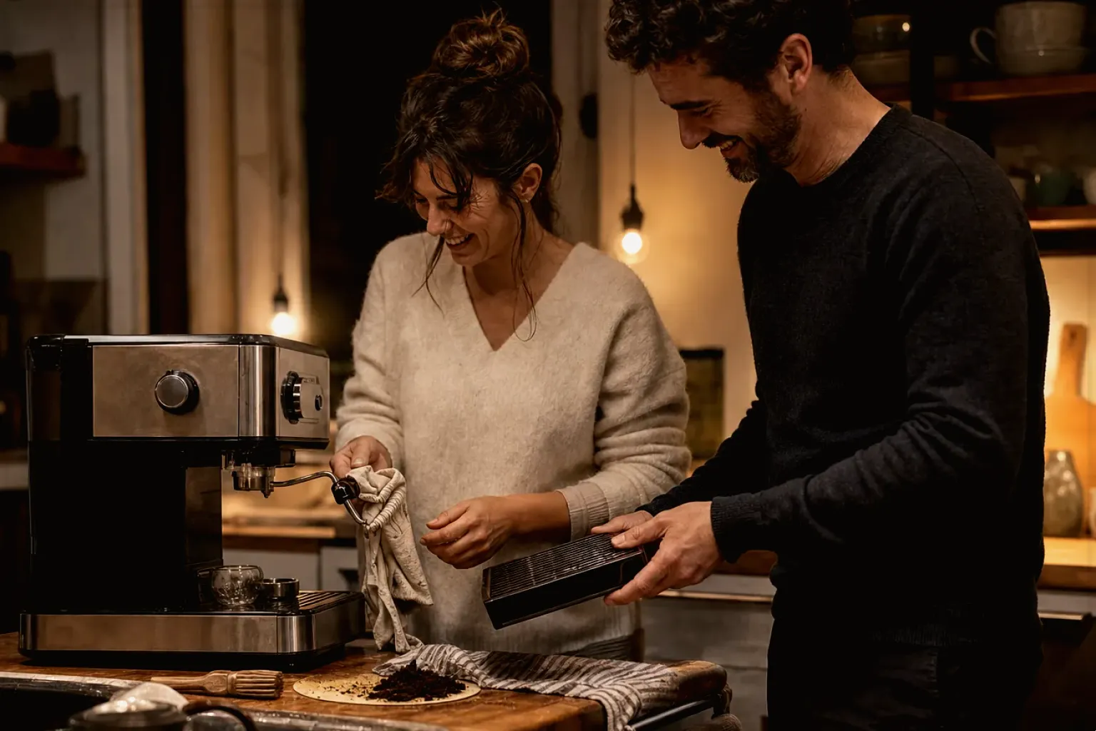 Ein Paar reinigt am Abend gemeinsam und gut gelaunt seine Espressomaschine in der Küche – gezeigt für Lavazza im Markenprofil.