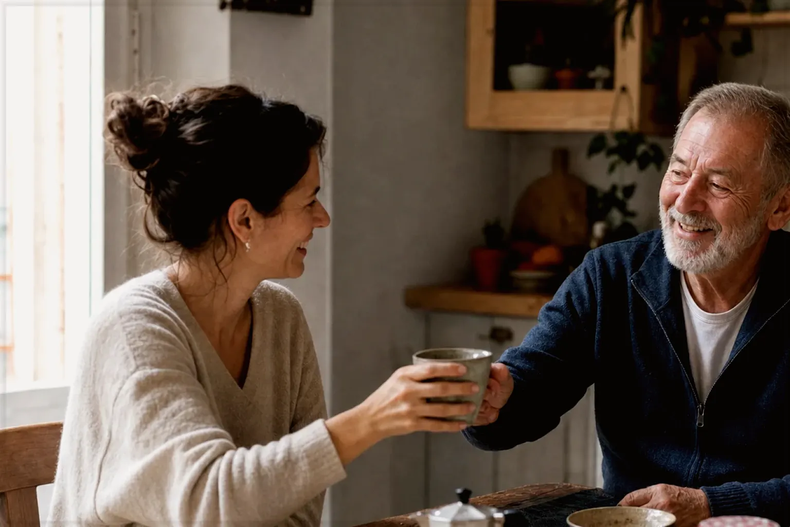 Eine erwachsene Tochter und ihr älterer Vater lachen gemeinsam beim Kaffee in ihrer bewohnten Küche – gezeigt für Melitta im Markenprofil.