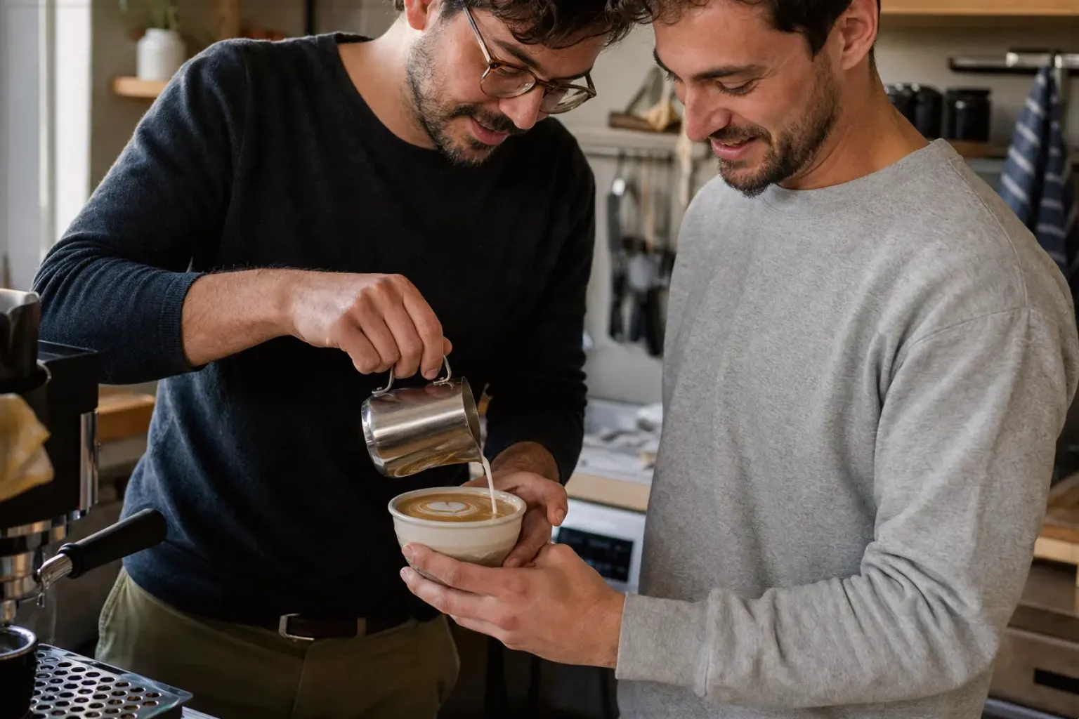 Zwei erwachsene Freunde freuen sich in einer kleinen Küche über ihre gemeinsam gegossene Latte Art – gezeigt für Melitta im Markenprofil.